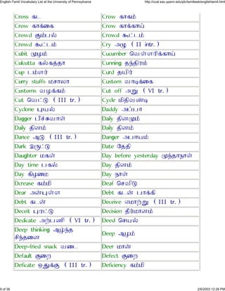 Cross ´¹ Crow ´Ô´£
Crow ´Ô¡Ù´ Crow ´Ô¡´Ô²
Crowd Þ£½§ Crowd î¥¹£
Crowd î¥¹£ Cry Çê (II intr.)
Cubit åÃ£ Cucumber ×ÂªÄÀÕ¡´Ô²
Culcutta ´§´¢»Ô Cunning »ÿ»ÕÀ£
Cup ¹£Ä¯ Curd »¿Õ¯
Curry stuffs ¾¶ÔÁÔ Custom ÂÔÜ¡Ù´
Customs ÂÃ¡´£ Cut off Çì (VI tr.)
Cut ×Â¥à (III tr.) Cycle ¾Õ»ÕÂýÜ
Cyclone ä¿§ Daddy Ç¤½Ô
Dagger ½Ö«ßÂÔª Daily »ÕÆå£
Daily »ÕÆ£ Daily »ÕÆ£
Dance Èà (III tr.) Danger Ç½Ô¿£
Dark Éç¥à Date Ø»»Õ
Daughter ¾´ª Day before yesterday åÿ»Ô¼Ôª
Day time ½´§ Day »ÕÆ£
Day ´ÕÃÙ¾ Day ¼Ôª
Dcrease ´£¾Õ Deaf ×¶ÂÕà
Dear Ç¨äªÄ Debt ´¹¨ ½Ô¡´Õ
Debt ´¹¨ Deceive Î¾Ô±ì (III tr.)
Deceit äÀ¥à Decision »Ö¯¾ÔÆ£
Dedicate Ç±½ºÕ (VI tr.) Deed ×¶¿§
Deep thinking È°ÿ»
¶Õÿ»ÙÆ
Deep ÈÃ£
Deep-fried snack ÂÙ¹ Deer ¾Ô¨
Default ÞÙÅ Defect ÞÙÅ
Deficate Ðâ¡Þ (III tr.) Deficiency ´£¾Õ
9 of 36 2/6/2003 12:26 PM
English-Tamil Vocabulary List at the University of Pennsylvania http://ccat.sas.upenn.edu/plc/tamilweb/englishtamil.html
 