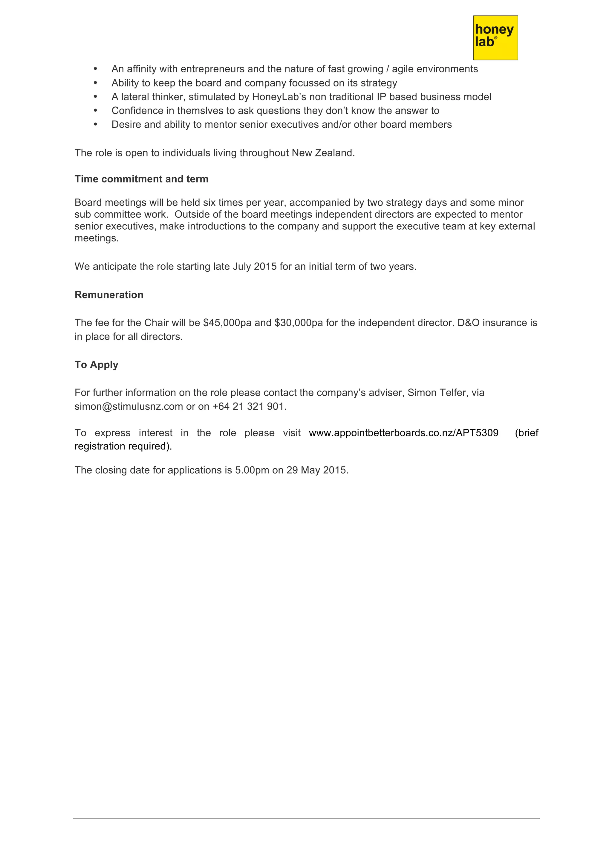 HoneyLab Independent Board Members Brief