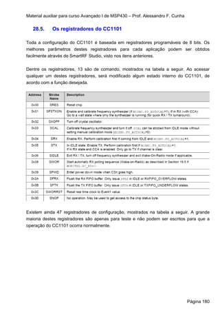 Material auxiliar para curso Avançado I de MSP430 – Prof. Alessandro F. Cunha

   28.5.    Os registradores do CC1101

Toda a configuração do CC1101 é baseada em registradores programáveis de 8 bits. Os
melhores parâmetros destes registradores para cada aplicação podem ser obtidos
facilmente através do SmartRF Studio, visto nos itens anteriores.


Dentre os registradores, 13 são de comando, mostrados na tabela a seguir. Ao acessar
qualquer um destes registradores, será modificado algum estado interno do CC1101, de
acordo com a função desejada.




Existem ainda 47 registradores de configuração, mostrados na tabela a seguir. A grande
maioria destes registradores são apenas para teste e não podem ser escritos para que a
operação do CC1101 ocorra normalmente.




                                                                                Página 180
 