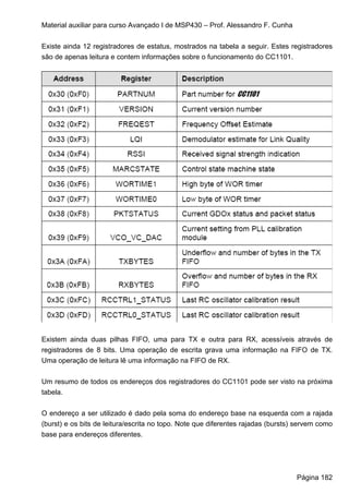 Material auxiliar para curso Avançado I de MSP430 – Prof. Alessandro F. Cunha


Existe ainda 12 registradores de estatus, mostrados na tabela a seguir. Estes registradores
são de apenas leitura e contem informações sobre o funcionamento do CC1101.




Existem ainda duas pilhas FIFO, uma para TX e outra para RX, acessíveis através de
registradores de 8 bits. Uma operação de escrita grava uma informação na FIFO de TX.
Uma operação de leitura lê uma informação na FIFO de RX.


Um resumo de todos os endereços dos registradores do CC1101 pode ser visto na próxima
tabela.


O endereço a ser utilizado é dado pela soma do endereço base na esquerda com a rajada
(burst) e os bits de leitura/escrita no topo. Note que diferentes rajadas (bursts) servem como
base para endereços diferentes.




                                                                                  Página 182
 