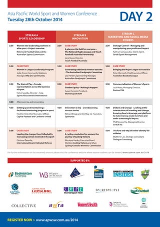 Asia Pacific World Sport and Women Conference
Tuesday 28th October 2014
STREAM A
Sports Leadership
STREAM B
Innovation
STREAM c
Marketing and Social Media
Powers
2:30	Women into leadership positions in
elite sport – Project overview
	Richmond Football Club and the
Australian Sports Commission
2:30	Case study
	A place on the field for everyone –
The National Rugby League and Touch
Football Australia Partnership
	Jane Russo, Director,
Touch Football Australia
2:30	Damage Control – Managing and
manipulating your profile and impact
	Kathryn Cotsopoulos, Talent Agent,
Stride Sport Management
3:00	 Case Study
	Women in League Leadership Program
	Jodie Cross, Community Relations
Manager, NRL One Community
3:00	Case study
	Generating additional revenue streams
- The Australian Paralympic Committee
	Lisa Herden, Sponsorship Manager,
Australian Paralympic Committee
3:00	 Case study
	 Bringing the Major League to Australia
	Peter Wermuth, Chief Executive Officer,
Australian Baseball League
3:30	The State of Play – Female
representation across the business
of sport
	Helen Soulsby, Director – Asia,
Sports Recruitment International
3:30	Case study
	Gender Equity – Making It Happen
	Susan Horwitz, President,
Womensport NSW
3:30	Commercialisation of Women’s Sports
	Jack Watts, Managing Director,
Bastion EBA
4:00	Afternoon tea and networking
4:30	Setting up and maintaining a
facilitated mentoring program in sport
	Heather Reid, Chief Executive Officer,
Capital Football and Canberra United
4:30	Innovation is key – Crowdsourcing
success stories
	Richard Briggs and Jim May, Co-Founders,
Sportaroo
4:30	Dollars and Change – Looking at the
intersections of branding and change,
knowing how to leverage your platform
to make money, create new fans and
make a meaningful impact
	Phill Nosworthy, Managing Director,
Switch Inc
5:00	Case study
	Leading the change: How Volleyball is
increasing women involved in the sport
	Catriona Tweedie,
International Beach Volleyball Referee
5:00	 Case study
	A cycling revolution for women; the
journey of Cycling Victoria
	Monique Hanley, Executive Board
Member, Cycling Victoria and Chair,
Cycling Australia Women’s Commission
5:00	The how and why of online identity for
athletes
	Matthew Cox, Strategic Consultant,
Dialogue Consulting
www.apwsw.com.au/2014
DAY 2
Supported by:
For further information on the streamed sessions please visit the conference website where session outlines can be viewed, www.apwsw.com.au/2014
 