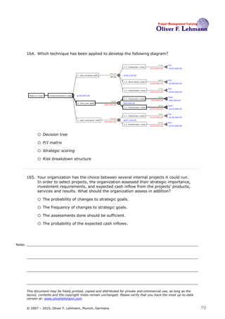 164. Which technique has been applied to develop the following diagram? 164

                                                                                                                       17%     0%
                                                                                        1.1 Optimistic costs
                                                                                                                -$123,000.00   -$123,000.00


                                                                              FALSE
                                                1 Use existing staff                   -$169,220.00
                                                                              $0.00

                                                                                                                       66%     0%
                                                                                        1.2 Most likely costs
                                                                                                                -$158,000.00   -$158,000.00


                                                                                                                       17%     0%
                                                                                        1.3 Pessimistic costs
                                                                                                                -$259,000.00   -$259,000.00

         Make or buy?   Implementation costs   -$149,500.00
                                                                                                                       50%     50%
                                                                                        2.1 Optimistic costs
                                                                                                                 -$35,000.00   -$85,000.00
                                                                               TRUE
                                                2 Hire new staff                       -$99,500.00
                                                                         -$50,000.00
                                                                                                                       50%     50%
                                                                                        2.2 Pessimistic costs
                                                                                                                -$164,000.00   -$214,000.00


                                                                                                                       33%     0%
                                                                                        3.1 Optimistic costs
                                                                                                                -$120,000.00   -$140,000.00
                                                                              FALSE
                                                3 Use contractor staff                 -$207,100.00
                                                                         -$20,000.00
                                                                                                                       67%     0%
                                                                                        3.2 Pessimistic costs
                                                                                                                -$250,000.00   -$270,000.00




               o Decision tree
               o P/I matrix
               o Strategic scoring
               o Risk breakdown structure


        165. Your organization has the choice between several internal projects it could run.
             In order to select projects, the organization assessed their strategic importance,
             investment requirements, and expected cash inflow from the projects’ products,
             services and results. What should the organization assess in addition? 165

               o The probability of changes to strategic goals.
               o The frequency of changes to strategic goals.
               o The assessments done should be sufficient.
               o The probability of the expected cash inflows.


Notes




        This document may be freely printed, copied and distributed for private and commercial use, as long as the
        layout, contents and the copyright notes remain unchanged. Please verify that you have the most up-to-date
        version at: www.oliverlehmann.com.


        © 2007 – 2010, Oliver F. Lehmann, Munich, Germany                                                                                     79
 