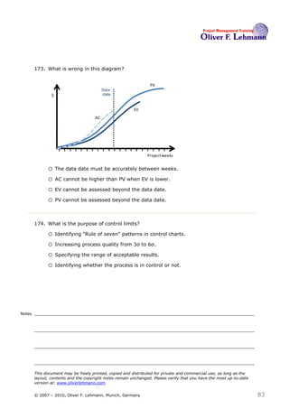 173. What is wrong in this diagram?


                                                                 PV
                                           Data
                $                          date


                                                         EV
                                      AC




                                                                Project weeks    173



              o The data date must be accurately between weeks.
              o AC cannot be higher than PV when EV is lower.
              o EV cannot be assessed beyond the data date.
              o PV cannot be assessed beyond the data date.


        174. What is the purpose of control limits?174

              o Identifying ―Rule of seven‖ patterns in control charts.
              o Increasing process quality from 3σ to 6σ.
              o Specifying the range of acceptable results.
              o Identifying whether the process is in control or not.




Notes




        This document may be freely printed, copied and distributed for private and commercial use, as long as the
        layout, contents and the copyright notes remain unchanged. Please verify that you have the most up-to-date
        version at: www.oliverlehmann.com.


        © 2007 – 2010, Oliver F. Lehmann, Munich, Germany                                                            83
 