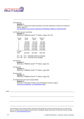 62 Executing
                  Answer: 2
                  Reference: Delivering Project Excellence with the Statement of Work by Michael G.
                  Martin, page 37,
                  pmi.books24x7.com/viewer.asp?bkid=6197&destid=98&term=definition#98.

             63 Monitoring and controlling
                  Answer: 3
                  Reference: PMBOK® Guide® 4th Edition, pages 181-187.

                    Project     Actual       Earned       Planned
                     week       costs         value        value

                      1         $65,000       $61,000      $67,000
                      2         $85,000       $79,000      $89,000
                      3        $100,000      $102,000     $110,000
                      4        $125,000      $124,000     $121,000
                      5        $135,000      $133,000     $139,000
                      6        $125,000      $120,000     $131,000
                    At data
                    date       $635,000      $619,000     $657,000

                   SV = EV – PV = -$38,000 (behind schedule)
                   CV = EV – AC = -$16,000 (over budget)

             64 Planning
                   Answer: 1
                   Reference: PMBOK® Guide® 4th Edition, page 431.

             65 Planning
                   Answer: 2
                   Reference: PMBOK® Guide® 4th Edition, page 289.

             66 Executing
                  Answer: 4
                  Reference: PMBOK® Guide® 4th Edition, page 238.

             67 Professional and social responsibility
                   Answer: 2
                   Reference: PMI Code of Ethics and Professional Conduct, page 2
                   (www.pmi.org/PDF/ap_pmicodeofethics.pdf).




Notes




        This document may be freely printed, copied and distributed for private and commercial use, as long as the
        layout, contents and the copyright notes remain unchanged. Please verify that you have the most up-to-date
        version at: www.oliverlehmann.com.


 94                                                                 © 2007-2010 Oliver F. Lehmann, Munich, Germany
 