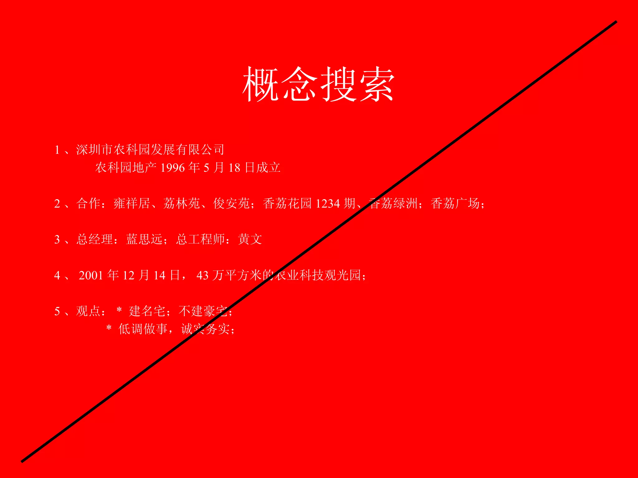 概念搜索 1 、深圳市农科园发展有限公司 农科园地产 1996 年 5 月 18 日成立 2 、合作：雍祥居、荔林苑、俊安苑；香荔花园 1234 期、香荔绿洲；香荔广场； 3 、总经理：蓝思远；总工程师：黄文 4 、 2001 年 12 月 14 日， 43 万平方米的农业科技观光园； 5 、观点： *  建名宅；不建豪宅；   *  低调做事，诚实务实； 