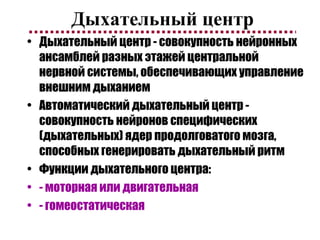 Дыхательный центр Дыхательный центр - совокупность нейронных ансамблей разных этажей центральной нервной системы, обеспечивающих управление внешним дыханием Автоматический дыхательный центр - совокупность нейронов специфических (дыхательных) ядер продолговатого мозга, способных генерировать дыхательный ритм Функции дыхательного центра: - моторная или двигательная - гомеостатическая 