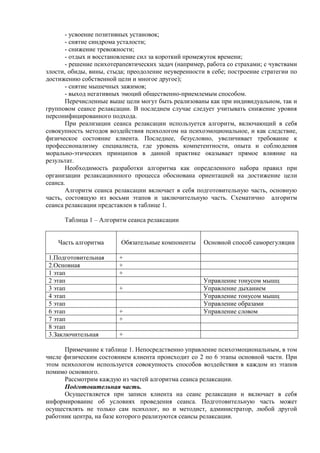 - усвоение позитивных установок;
- снятие синдрома усталости;
- снижение тревожности;
- отдых и восстановление сил за короткий промежуток времени;
- решение психотерапевтических задач (например, работа со страхами; с чувствами
злости, обиды, вины, стыда; преодоление неуверенности в себе; построение стратегии по
достижению собственной цели и многое другое);
- снятие мышечных зажимов;
- выход негативных эмоций общественно-приемлемым способом.
Перечисленные выше цели могут быть реализованы как при индивидуальном, так и
групповом сеансе релаксации. В последнем случае следует учитывать снижение уровня
персонифицированного подхода.
При реализации сеанса релаксации используется алгоритм, включающий в себя
совокупность методов воздействия психологом на психоэмоциональное, и как следствие,
физическое состояние клиента. Последнее, безусловно, увеличивает требование к
профессионализму специалиста, где уровень компетентности, опыта и соблюдения
морально-этических принципов в данной практике оказывает прямое влияние на
результат.
Необходимость разработки алгоритма как определенного набора правил при
организации релаксационного процесса обоснована ориентацией на достижение цели
сеанса.
Алгоритм сеанса релаксации включает в себя подготовительную часть, основную
часть, состоящую из восьми этапов и заключительную часть. Схематично алгоритм
сеанса релаксации представлен в таблице 1.
Таблица 1 – Алгоритм сеанса релаксации
Часть алгоритма Обязательные компоненты Основной способ саморегуляции
1.Подготовительная +
2.Основная +
1 этап +
2 этап Управление тонусом мышц
3 этап + Управление дыханием
4 этап Управление тонусом мышц
5 этап Управление образами
6 этап + Управление словом
7 этап +
8 этап
3.Заключительная +
Примечание к таблице 1. Непосредственно управление психоэмоциональным, в том
числе физическим состоянием клиента происходит со 2 по 6 этапы основной части. При
этом психологом используется совокупность способов воздействия в каждом из этапов
помимо основного.
Рассмотрим каждую из частей алгоритма сеанса релаксации.
Подготовительная часть.
Осуществляется при записи клиента на сеанс релаксации и включает в себя
информирование об условиях проведения сеанса. Подготовительную часть может
осуществлять не только сам психолог, но и методист, администратор, любой другой
работник центра, на базе которого реализуются сеансы релаксации.
Copyright ОАО «ЦКБ «БИБКОМ» & ООО «Aгентство Kнига-Cервис»
 