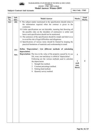MAHARASHTRA STATE BOARD OF TECHNICAL EDUCATION
(Autonomous)
(ISO/IEC - 27001 - 2005 Certified)
Model Answer: Winter-2019
Subject: Contract And Accounts
---------------------------------------------------------------------------------------------------------------
Page No. 16 / 27
Sub. Code: 17603
Que.
No.
Sub.
Que.
Model Answer Marks
Total
Marks
Q.4 (iii)
(iv)
Ans.
9. The subject matter mentioned in the specification should relate to
the information required when the contract is given to the
contractor.
10. Unfair specifications are not desirable, meaning that throwing all
the possible risks on the shoulders of contractors is unfair and
hence such specification should not be mentioned.
11. The sentences of the specification should be simple and short so as
to avoid the risk of legal difficulties and allegations.
12. Specifications of various items should be framed by keeping the
practical limitations of materials and workmanship in mind.
Define ‘Depreciation’. List different methods of calculating
depreciation.
Depreciation: The loss in the value of the property caused by its use
life, wear, tear and decay is called as „depreciation‟.
Following are the various methods used to calculate
the depreciation
1. Straight line method.
2. Constant percentage method.
3. Sinking fund method.
4. Quantity survey method.
1
1
each
(any
three)
4
 