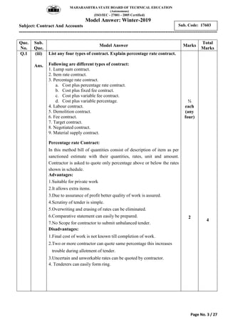 MAHARASHTRA STATE BOARD OF TECHNICAL EDUCATION
(Autonomous)
(ISO/IEC - 27001 - 2005 Certified)
Model Answer: Winter-2019
Subject: Contract And Accounts
---------------------------------------------------------------------------------------------------------------
Page No. 3 / 27
Sub. Code: 17603
Que.
No.
Sub.
Que.
Model Answer Marks
Total
Marks
Q.1 (iii)
Ans.
List any four types of contract. Explain percentage rate contract.
Following are different types of contract:
1. Lump sum contract.
2. Item rate contract.
3. Percentage rate contract.
a. Cost plus percentage rate contract.
b. Cost plus fixed fee contract.
c. Cost plus variable fee contract.
d. Cost plus variable percentage.
4. Labour contract.
5. Demolition contract.
6. Fee contract.
7. Target contract.
8. Negotiated contract.
9. Material supply contract.
Percentage rate Contract:
In this method bill of quantities consist of description of item as per
sanctioned estimate with their quantities, rates, unit and amount.
Contractor is asked to quote only percentage above or below the rates
shown in schedule.
Advantages:
1.Suitable for private work
2.It allows extra items.
3.Due to assurance of profit better quality of work is assured.
4.Scrutiny of tender is simple.
5.Overwriting and erasing of rates can be eliminated.
6.Comparative statement can easily be prepared.
7.No Scope for contractor to submit unbalanced tender.
Disadvantages:
1.Final cost of work is not known till completion of work.
2.Two or more contractor can quote same percentage this increases
trouble during allotment of tender.
3.Uncertain and unworkable rates can be quoted by contractor.
4. Tenderers can easily form ring.
½
each
(any
four)
2
4
 