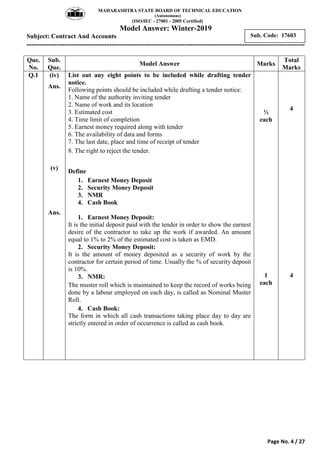MAHARASHTRA STATE BOARD OF TECHNICAL EDUCATION
(Autonomous)
(ISO/IEC - 27001 - 2005 Certified)
Model Answer: Winter-2019
Subject: Contract And Accounts
---------------------------------------------------------------------------------------------------------------
Page No. 4 / 27
Sub. Code: 17603
Que.
No.
Sub.
Que.
Model Answer Marks
Total
Marks
Q.1 (iv)
Ans.
(v)
Ans.
List out any eight points to be included while drafting tender
notice.
Following points should be included while drafting a tender notice:
1. Name of the authority inviting tender
2. Name of work and its location
3. Estimated cost
4. Time limit of completion
5. Earnest money required along with tender
6. The availability of data and forms
7. The last date, place and time of receipt of tender
8. The right to reject the tender.
Define
1. Earnest Money Deposit
2. Security Money Deposit
3. NMR
4. Cash Book
1. Earnest Money Deposit:
It is the initial deposit paid with the tender in order to show the earnest
desire of the contractor to take up the work if awarded. An amount
equal to 1% to 2% of the estimated cost is taken as EMD.
2. Security Money Deposit:
It is the amount of money deposited as a security of work by the
contractor for certain period of time. Usually the % of security deposit
is 10%.
3. NMR:
The muster roll which is maintained to keep the record of works being
done by a labour employed on each day, is called as Nominal Muster
Roll.
4. Cash Book:
The form in which all cash transactions taking place day to day are
strictly entered in order of occurrence is called as cash book.
½
each
1
each
4
4
 