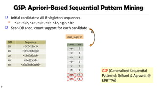 9
GSP: Apriori-Based Sequential Pattern Mining
 Initial candidates: All 8-singleton sequences
 <a>, <b>, <c>, <d>, <e>, <f>, <g>, <h>
 Scan DB once, count support for each candidate
SID Sequence
10 <(bd)cb(ac)>
20 <(bf)(ce)b(fg)>
30 <(ah)(bf)abf>
40 <(be)(ce)d>
50 <a(bd)bcb(ade)>
min_sup = 2
Cand. sup
<a> 3
<b> 5
<c> 4
<d> 3
<e> 3
<f> 2
<g> 1
<h> 1
x
GSP (Generalized Sequential
Patterns): Srikant & Agrawal @
EDBT’96)
 