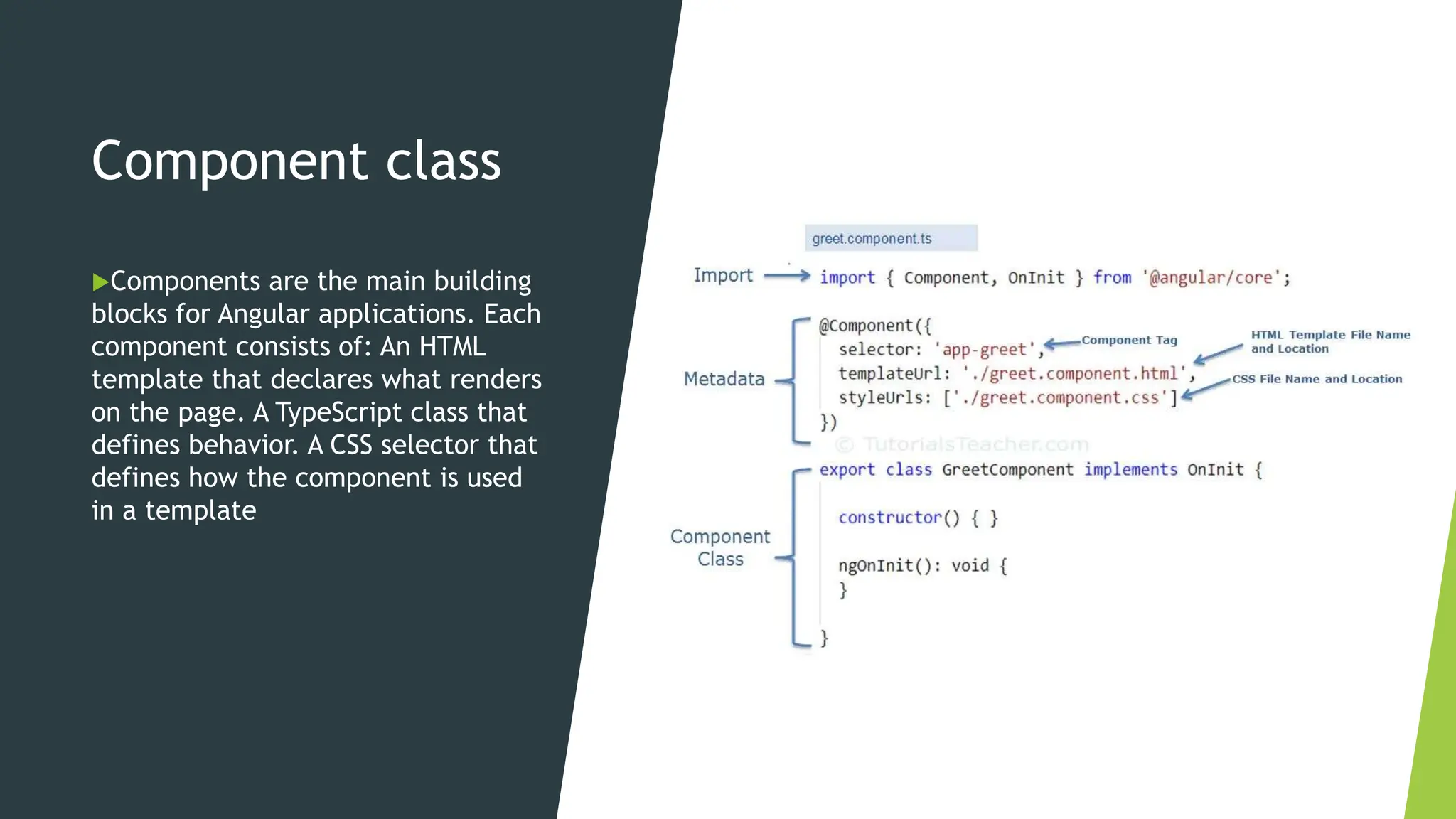 Component class
Components are the main building
blocks for Angular applications. Each
component consists of: An HTML
template that declares what renders
on the page. A TypeScript class that
defines behavior. A CSS selector that
defines how the component is used
in a template
 