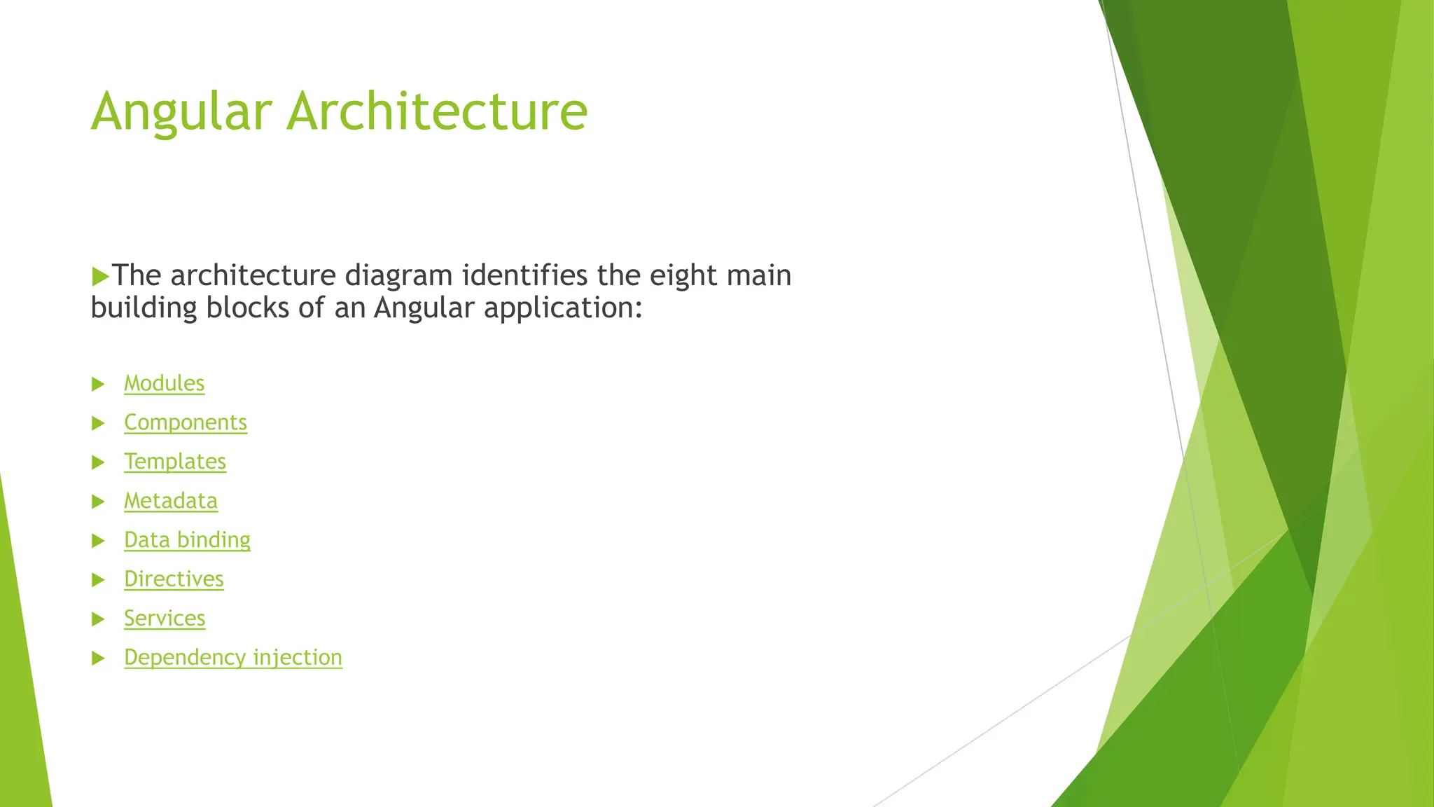 Angular Architecture
The architecture diagram identifies the eight main
building blocks of an Angular application:
 Modules
 Components
 Templates
 Metadata
 Data binding
 Directives
 Services
 Dependency injection
 