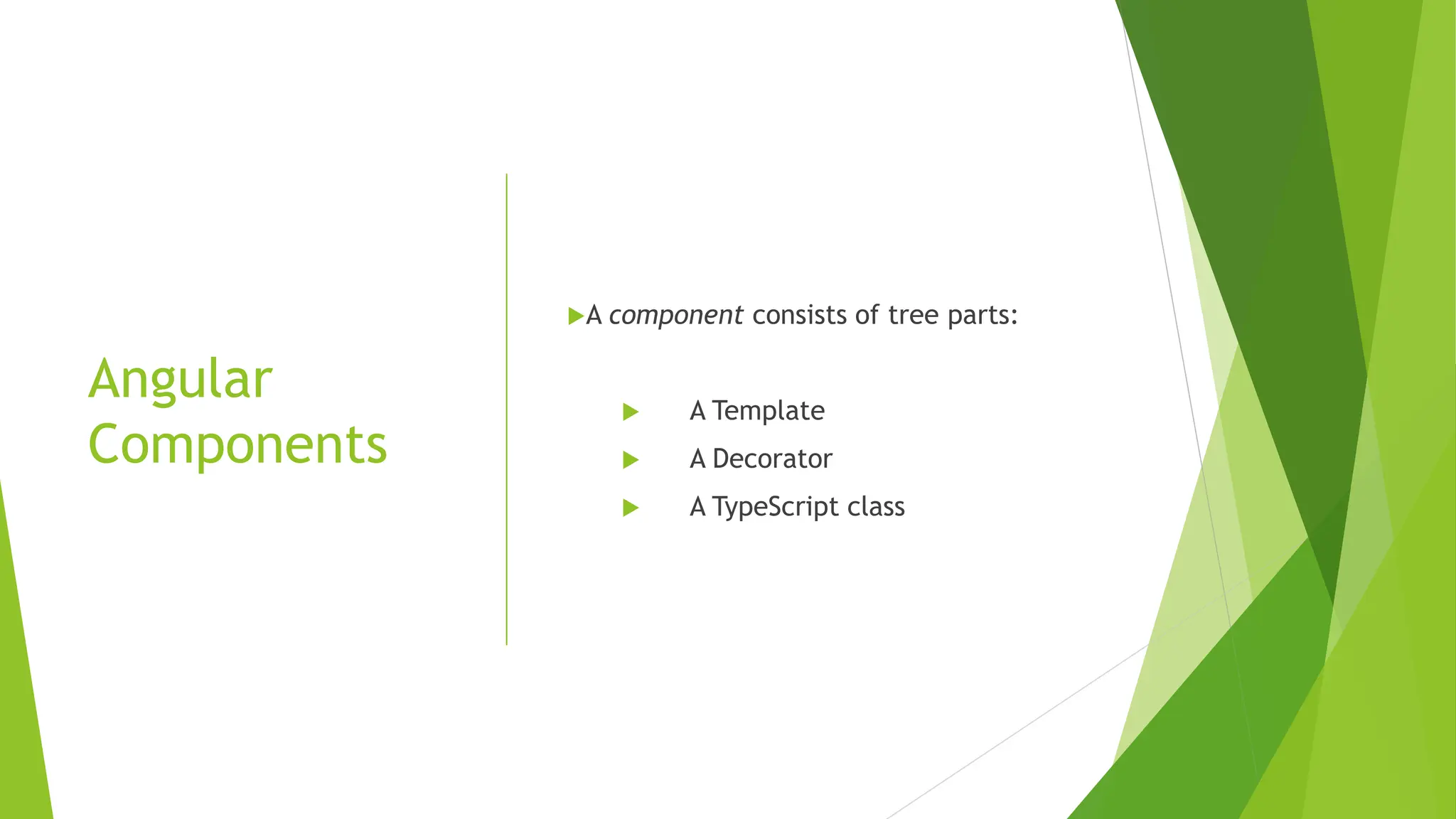 Angular
Components
A component consists of tree parts:
 A Template
 A Decorator
 A TypeScript class
 