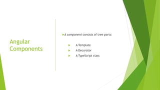 Angular
Components
A component consists of tree parts:
 A Template
 A Decorator
 A TypeScript class
 