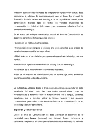 fortalecer alguna de las destrezas de comprensión o producción textual, debe
asegurarse la relación de interdependencia con un texto. En el nivel de
Educación Primaria se busca el despliegue de las capacidades comunicativas
considerando

diversos

tipos

de

textos,

en

variadas

situaciones

de

comunicación, con distintos interlocutores, y en permanente reflexión sobre los
elementos de la lengua.
En el marco del enfoque comunicativo textual, el área de Comunicación se
desarrolla considerando los siguientes criterios:
• Énfasis en las habilidades lingüísticas.
• Consideración especial para el lenguaje oral y sus variantes (para el caso de
estudiantes con capacidades especiales).
• Más interés en el uso de la lengua, que en el aprendizaje del código y de sus
normas.
• Observación y práctica de la dimensión social y cultural de la lengua.
• Valoración de la importancia de la diversidad lingüística.
• Uso de los medios de comunicación para el aprendizaje, como elementos
siempre presentes en la vida cotidiana.

La metodología utilizada desde el área deberá orientarse a desarrollar en cada
estudiante del nivel, tanto las capacidades comunicativas como

las

metacognitivas o reflexión sobre el funcionamiento de la lengua, utilizando
estrategias que le permitan utilizar su lengua materna y sus recursos
comunicativos personales, como elementos básicos en la construcción de su
identidad personal y comunitaria.
Expresión y comprensión oral
Desde el área de Comunicación se debe promover el desarrollo de la
capacidad para hablar (expresar) con claridad, fluidez, coherencia y
persuasión, empleando en forma pertinente los recursos verbales y no verbales

 