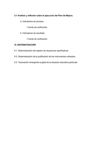 5.1 Análisis y reflexión sobre la ejecución del Plan de Mejora.
a. Indicadores de proceso.
- Fuente de verificación.
b. Indicadores de resultado.
- Fuente de verificación.
VI. SISTEMATIZACIÓN
6.1. Sistematización del registro de situaciones significativas
6.2. Sistematización de la justificación de los instrumentos utilizados
6.3. Teorización emergente surgida de la situación educativa particular

 