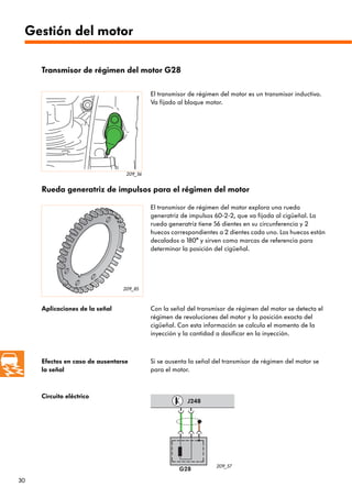 30
J248
G28
209_56
209_85
209_57
Transmisor de régimen del motor G28
El transmisor de régimen del motor es un transmisor inductivo.
Va fijado al bloque motor.
Aplicaciones de la señal Con la señal del transmisor de régimen del motor se detecta el
régimen de revoluciones del motor y la posición exacta del
cigüeñal. Con esta información se calcula el momento de la
inyección y la cantidad a dosificar en la inyección.
El transmisor de régimen del motor explora una rueda
generatriz de impulsos 60-2-2, que va fijada al cigüeñal. La
rueda generatriz tiene 56 dientes en su circunferencia y 2
huecos correspondientes a 2 dientes cada uno. Los huecos están
decalados a 180° y sirven como marcas de referencia para
determinar la posición del cigüeñal.
Rueda generatriz de impulsos para el régimen del motor
Efectos en caso de ausentarse
la señal
Si se ausenta la señal del transmisor de régimen del motor se
para el motor.
Circuito eléctrico
Gestión del motor
 