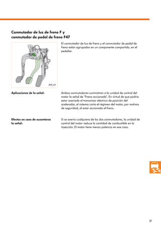 37
209_63
El conmutador de luz de freno y el conmutador de pedal de
freno están agrupados en un componente compartido, en el
pedalier.
Ambos conmutadores suministran a la unidad de control del
motor la señal de “Freno accionado“. En virtud de que podría
estar averiado el transmisor eléctrico de posición del
acelerador, el sistema corta el régimen del motor, por motivos
de seguridad, al estar accionado el freno.
Conmutador de luz de freno F y
conmutador de pedal de freno F47
Aplicaciones de la señal:
Efectos en caso de ausentarse
la señal:
Si se avería cualquiera de los dos conmutadores, la unidad de
control del motor reduce la cantidad de combustible en la
inyección. El motor tiene menos potencia en ese caso.
 