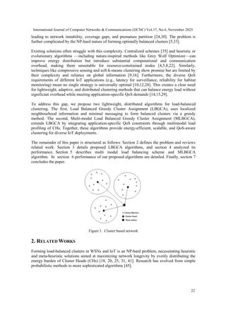 International Journal of Computer Networks & Communications (IJCNC) Vol.17, No.6, November 2025
22
leading to network instability, coverage gaps, and premature partition [24,30]. The problem is
further complicated by the NP-hard nature of forming optimally balanced clusters [5,33].
Existing solutions often struggle with this complexity. Centralized schemes [35] and heuristic or
evolutionary algorithms —including nature-inspired methods like Grey Wolf Optimizer—can
improve energy distribution but introduce substantial computational and communication
overhead, making them unsuitable for resource-constrained nodes [4,5,8,22]. Similarly,
techniques like compressive sensing and soft-k-means clustering show promise but are limited by
their complexity and reliance on global information [9,16]. Furthermore, the diverse QoS
requirements of different IoT applications (e.g., latency for surveillance, reliability for habitat
monitoring) mean no single strategy is universally optimal [10,12,28]. This creates a clear need
for lightweight, adaptive, and distributed clustering methods that can balance energy load without
significant overhead while meeting application-specific QoS demands [14,15,29].
To address this gap, we propose two lightweight, distributed algorithms for load-balanced
clustering. The first, Load Balanced Greedy Cluster Assignment (LBGCA), uses localized
neighbourhood information and minimal messaging to form balanced clusters via a greedy
method. The second, Multi-modal Load Balanced Greedy Cluster Assignment (MLBGCA),
extends LBGCA by integrating application-specific QoS constraints through multimodal load
profiling of CHs. Together, these algorithms provide energy-efficient, scalable, and QoS-aware
clustering for diverse IoT deployments.
The remainder of this paper is structured as follows: Section 2 defines the problem and reviews
related work. Section 3 details proposed LBGCA algorithms, and section 4 analyzed its
performance. Section 5 describes multi modal load balancing scheme and MLBGCA
algorithm. In section 6 performance of our proposed algorithms are detailed. Finally, section 7
concludes the paper.
Figure 1. Cluster based network
2. RELATED WORKS
Forming load-balanced clusters in WSNs and IoT is an NP-hard problem, necessitating heuristic
and meta-heuristic solutions aimed at maximizing network longevity by evenly distributing the
energy burden of Cluster Heads (CHs) [18, 20, 25, 31, 41]. Research has evolved from simple
probabilistic methods to more sophisticated algorithms [45].
 