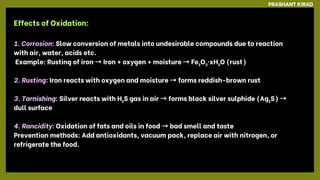 PRASHANT KIRAD
Effects of Oxidation:
1. Corrosion: Slow conversion of metals into undesirable compounds due to reaction
with air, water, acids etc.
Example: Rusting of iron →Iron + oxygen + moisture →Fe₂O₃·xH₂O (rust)
2. Rusting: Iron reacts with oxygen and moisture →forms reddish-brown rust
3. Tarnishing: Silver reacts with H₂S gas in air →forms black silver sulphide (Ag₂S) →
dull surface
4. Rancidity: Oxidation of fats and oils in food →bad smell and taste
Prevention methods: Add antioxidants, vacuum pack, replace air with nitrogen, or
refrigerate the food.
 
