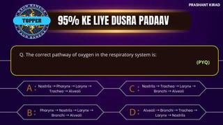 PRASHANT KIRAD
TOP QUESTIONS
PRASHANT KIRAD
Q. The correct pathway of oxygen in the respiratory system is:
(PYQ)
Nostrils →Pharynx →Larynx →
Trachea →Alveoli
TOPPER
Pharynx →Nostrils →Larynx →
Bronchi →Alveoli
Nostrils →Trachea →Larynx →
Bronchi →Alveoli
Alveoli →Bronchi →Trachea →
Larynx →Nostrils
 