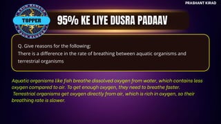 TOP QUESTIONS
PRASHANT KIRAD
TOPPER
Q. Give reasons for the following:
There is a difference in the rate of breathing between aquatic organisms and
terrestrial organisms
Aquatic organisms like fish breathe dissolved oxygen from water, which contains less
oxygen compared to air. To get enough oxygen, they need to breathe faster.
Terrestrial organisms get oxygen directly from air, which is rich in oxygen, so their
breathing rate is slower.
 