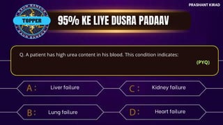 PRASHANT KIRAD
TOP QUESTIONS
PRASHANT KIRAD
Q. A patient has high urea content in his blood. This condition indicates:
(PYQ)
Liver failure
TOPPER
Kidney failure
Heart failure
Lung failure
 
