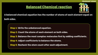 Balanced Chemical reaction
A balanced chemical equation has the number of atoms of each element equal on
both sides.
Step 1: Write the unbalanced equation.
Step 2: Count the atoms of each element on both sides.
Step 3: Balance the most complex molecules first by adding coefficients.
Step 4: Adjust coefficients to balance the atoms.
Step 5: Recheck the atom count after each adjustment.
PRASHANT KIRAD
 