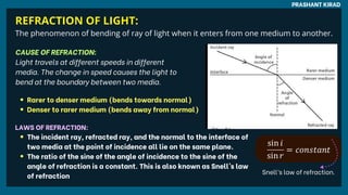 REFRACTION OF LIGHT:
The phenomenon of bending of ray of light when it enters from one medium to another.
PRASHANT KIRAD
CAUSE OF REFRACTION:
Light travels at different speeds in different
media. The change in speed causes the light to
bend at the boundary between two media.
Rarer to denser medium (bends towards normal)
Denser to rarer medium (bends away from normal)
LAWS OF REFRACTION:
The incident ray, refracted ray, and the normal to the interface of
two media at the point of incidence all lie on the same plane.
The ratio of the sine of the angle of incidence to the sine of the
angle of refraction is a constant. This is also known as Snell’s law
of refraction
Snell’s law of refraction.
 