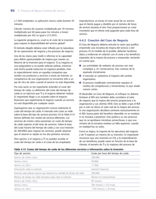86	 |	 Procesos de Mejora Continua del Servicio
improductivos, es tomar el coste anual de un servicio
que el cliente pague y dividirlo por el número de horas
de servicio durante el año. Esto proporcionará un coste
monetario que el cliente está pagando para cada hora de
servicio.
4.4.2	Creación del Caso de Negocio
El Caso de Negocio debería articular la razón que justifica
emprender una iniciativa de mejora del servicio o del
proceso. En la medida de lo posible, deberían facilitarse
datos y evidencias en relación con el coste y los beneficios
esperados de la mejora de proceso a emprender, teniendo
en cuenta que:
Las actividades de rediseño de proceso son más■■
complejas y, en consecuencia, más costosas de lo
esperado inicialmente
A menudo se subestima el impacto del cambio■■
organizativo
El proceso modificado normalmente requiere el■■
cambio de competencias y herramientas, lo que añade
nuevos costes.
Al desarrollar un Caso de Negocio, el enfoque no debería
limitarse al ROI sino también debe considerar el valor
de negocio que la mejora del servicio proporciona a la
organización y sus clientes (VOI). Esto se debe a que el ROI
por sí solo no ofrece el valor real de la mejora del servicio.
Si una organización decidiera centrarse exclusivamente en
el ROI, buena parte del beneficio obtenible no se revelaría
ni se revisaría a posteriori. Esto podría a su vez provocar
que no se aprobaran iniciativas provechosas, o que una
revisión de la iniciativa revelara un fallo aparente, cuando
en realidad fue un éxito.
Como es lógico, la mayoría de los ejecutivos del negocio
y de TI esperan un retorno de su inversión. Es importante
reconocer que una inversión en CSI, y la materialización
de sus beneficios, puede variar en función de la base de
clientes, el tamaño de TI y la madurez del proceso de
a 7.364 empleados. La aplicación estuvo caída durante 39
minutos.
Cálculo: número de usuarios multiplicado por 39 minutos
multiplicado por 60 (para pasar los minutos a horas)
multiplicado por 45£ es igual a 215.397£.
La siguiente pregunta es, ¿cuál es el coste de la inversión
para mejorar la disponibilidad del servicio global?
El método elegido debería estar influido por la naturaleza
de las operaciones de negocio y los procesos de negocio.
Una de las claves para medir e informar es la capacidad
para definir oportunidades de mejora que crearán un
Retorno de la Inversión para el negocio. Si su negocio es
una aseguradora y no puede redactar pólizas, entonces
este hecho puede traducirse en ingresos perdidos. Esto
es especialmente cierto en aquellas compañías que
venden sus productos y servicios a través de Internet. La
competencia de una organización se encuentra sólo a un
par de clics de ratón cuando el servicio no está disponible.
Por esta razón es tan importante entender el coste del
tiempo de caída. La definición del coste del tiempo de
caída es un ejercicio que TI y el negocio deberían realizar.
Es importante llegar a un acuerdo sobre el impacto
financiero que experimenta el negocio cuando un servicio
no está disponible por cualquier razón.
Supongamos que su organización conoce realmente el
coste del tiempo de caída. A menudo este coste se mide
sobre la base del tipo de servicio provisto. En la Tabla 4.14
hemos definido tres niveles de servicio diferentes. Los
servicios de misión crítica presentan un coste de tiempo
de caída superior al del resto de servicios. Sobre la base
del coste horario del tiempo de caída y con una inversión
de 300.000£ para mejorar los servicios, puede observar
que el retorno es rápido en los dos primeros servicios.
Otra opción, si el negocio y TI no pueden acordar el
coste del tiempo de caída o el coste de los empleados
Tabla 4.14 Costes del tiempo de caída de los diferentes servicios e información sobre la inversión
Tipo de servicio Coste por hora del tiempo de caída
Servicio de misión crítica 200.000£
Servicio crítico 90.000£
Servicio no crítico 11.500£
Información sobre la inversión Inversión financiera
Inversión para realizar mejoras que reduzcan la cantidad de tiempo de caída 300.000£
Minutos de tiempo de caída necesarios para cubrir la inversión Retorno en minutos/horas
Servicio de misión crítica 90 minutos
Servicio crítico 200 minutos o 3,33 horas
Servicio no crítico 1.556 minutos o 26 horas
 