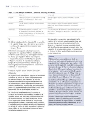 88	 |	 Procesos de Mejora Continua del Servicio
Otra alternativa es emprender una evaluación de la
madurez de los procesos actuales para identificar qué
procesos divergen más de las prácticas de ITIL. No
obstante, es importante observar que esta actividad
sólo identificará la ausencia de procesos y/o datos. Una
evaluación de la madurez del proceso no proporcionará
en sí misma los datos que justifiquen cuánto gastar en
mejorar los procesos.
Ejemplo
XYZ Limited ha crecido rápidamente desde un
entorno con una única sede hasta convertirse en una
organización con múltiples sedes que emplea a 1.500
personas, cuando la plantilla era de 250 empleados dos
años antes. El grupo de TI se ha esforzado en adaptarse
al crecimiento del negocio ampliando la consistencia
de los procesos y la entrega del servicio. El negocio
está reclamando que el grupo de TI haga mejor las
cosas, dado que las deficiencias en el servicio de TI
están afectando ahora al balance final del negocio.
La directora de TI identifica que la falta de procesos
consistentes y de un enfoque en el negocio son los
obstáculos que impiden proporcionar un mejor servicio
al negocio. Comprueba que el personal se esfuerza
mucho en su trabajo, pero con frecuencia tiene que
remodelar o reparar errores originados en las propias
actividades. Aunque cuenta con buenos técnicos, son
reticentes a documentar las actividades o resultados.
Los datos y mediciones son inconsistentes en la
actualidad. Aunque la directora conozca los salarios
medios del personal de negocio y de TI, ni conoce el
coste de las pérdidas de servicio temporales, etc. ni
puede calcularlo con los datos actuales.
TI:
¿Cómo se traducen los beneficios de ITIL en beneficios■■
de negocio? Busque una o dos razones apremiantes
por las que la organización debería gastar tanto
tiempo y dinero.
Determine la preocupación actual o prevista de la
organización con respecto a TI. Estime el coste si se
mantuviera la situación actual y estime posteriormente
los ahorros que se podrían obtener si se adoptaran
o mejoraran los procesos de ITSM. Algunos ejemplos
incluyen nuevas líneas de negocio en el extranjero,
tiempos de respuesta deficientes o el tiempo que se
tarda en gestionar incidencias/problemas, o número de
incidencias en la organización.
Casos de negocio en un entorno con datos
deficientes
Las organizaciones que tengan la intención de emprender
actividades de mejora del servicio pueden encontrarse
en una situación en la que la ausencia de procesos
implique que no exista un conjunto viable de datos o
de evidencias para cuantificar los beneficios esperados,
ROI o VOI. En este caso, ¿cómo puede una organización
justificar la mejora de procesos o reconocer cuánto gasto
es adecuado para alcanzar mejoras económicas?
Un método que resuelve esta situación consiste en
conseguir la aprobación para establecer capacidades de
medición básicas, que sirva como medio de recolección
de datos consistentes. Esto puede ser algo tan simple
como asegurar que todo el personal de TI registre los
datos de forma continua, o comenzar a medir actividades
o resultados que no se capturen actualmente. Después de
un periodo de captura de datos acordado, se contará con
ciertas evidencias para dar soporte (o quizás no) a una
iniciativa de mejora de proceso.
Tabla 4.15  Un enfoque equilibrado – personas, proceso y tecnología
Cómo es Cómo será
Personas Trabajando en silos, sin un lenguaje ni enfoque
común, con traspasos poco fluidos entre
grupos.
Lenguaje común, método de matriz integrada y enfoque
común.
Procesos Falta de procesos comunes, ni consistentes ni
repetibles.
Marco de trabajo de proceso perfectamente integrado,
provisión de servicio extremo a extremo, consistente y
repetible.
Tecnología Múltiples herramientas redundantes, falta
de herramientas, herramientas orientadas al
entorno, herramientas que no se integran con
las personas y los procesos.
Conjunto integrado de herramientas que permite modelar el
servicio de TI, la integración de procesos y el acceso a datos
compartidos.
 