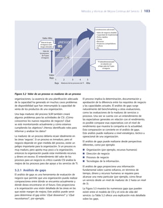 Métodos y técnicas de Mejora Continua del Servicio 	| 	103
organizaciones. La ausencia de una planificación adecuada
de la capacidad ha generado en muchos casos problemas
de disponibilidad que han interrumpido la capacidad de
venta de los productos de una organización.
Una baja madurez del proceso SLM también creará
algunos problemas para las actividades de CSI. ¿Cómo
conocemos los nuevos requisitos de negocio? ¿Qué
se está monitorizando actualmente y cómo estamos
cumpliendo los objetivos? ¿Hemos identificado roles para
informar y analizar los datos?
La madurez de un proceso debería recaer idealmente en
las áreas ‘seguras’. Si un proceso es inmaduro, pero el
negocio depende en gran medida del proceso, existe un
peligro importante para la organización. Si un proceso es
muy maduro, pero aporta muy poco a la organización,
entonces la organización puede estar invirtiendo recursos
y dinero en exceso. El entendimiento del valor de los
procesos para un negocio es crítico cuando CSI analiza la
mejora de los procesos para dar apoyo a los servicios de TI.
5.2.1 Análisis de gaps
El análisis de gaps es una herramienta de evaluación de
negocio que permite que una organización pueda realizar
comparaciones entre dónde se encuentra actualmente y
dónde desea encontrarse en el futuro. Esto proporciona
a la organización una visión detallada de las áreas en las
que existe margen de mejora. Este análisis puede servir
para determinar el gap entre ‘¿Qué deseamos?’ y ‘¿Qué
necesitamos?’, por ejemplo.
El proceso implica la determinación, documentación y
aprobación de la diferencia entre los requisitos de negocio
y las capacidades actuales. El análisis de gaps surge
naturalmente del benchmarking u otras evaluaciones,
como las evaluaciones de la madurez de servicios o
procesos. Una vez se cuenta con un entendimiento de
las expectativas generales en relación con el rendimiento,
es posible comparar esas expectativas con el nivel de
rendimiento que muestra la compañía en la actualidad.
Esta comparación se convierte en el análisis de gaps.
Este análisis puede realizarse a nivel estratégico, táctico u
operacional de una organización.
El análisis de gaps puede realizarse desde perspectivas
diferentes, como por ejemplo:
Organización (por ejemplo, recursos humanos)■■
Dirección de negocio■■
Procesos de negocio■■
Tecnologías de la información.■■
El análisis de gaps proporciona una información
fundamental sobre cuánto esfuerzo, en términos de
tiempo, dinero y recursos humanos se requiere para
alcanzar una meta particular (por ejemplo, cómo llevar
un servicio desde un nivel de madurez de 2 hasta un nivel
de 3).
La Figura 5.3 muestra los numerosos gaps que pueden
existir entre el modelo de CSI y el ciclo de vida del
servicio. La Tabla 5.2 ofrece una explicación más detallada
sobre los gaps.
Madurez de los procesos de TI
Valor Alto
Valor
Bajo
1 2 3 4 5
‘TI Sobredimensionado’
en relación con
el bajo valor de TI para
el negocio
Consideraciones adicionales
• Valor de negocio añadido
• Capacidad de implementar
• Éxitos rápidos
• Costes
• Recursos
• Proyectos competidores
• Cultura
• Etc.
AltaBaja
Área en la que
el negocio corre
riesgos elevados
Valor de
los procesos
de TI para
el negocio
CAP
SLM
AM
¡¡RIESGO!!
Figura 5.2  Valor de un proceso vs madurez de un proceso
 