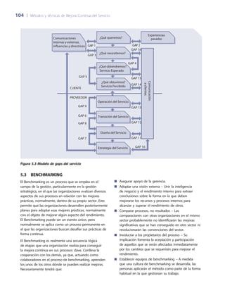 104	 |	 Métodos y técnicas de Mejora Continua del Servicio
5.3  Benchmarking
El Benchmarking es un proceso que se emplea en el
campo de la gestión, particularmente en la gestión
estratégica, en el que las organizaciones evalúan diversos
aspectos de sus procesos en relación con las mejores
prácticas, normalmente, dentro de su propio sector. Esto
permite que las organizaciones desarrollen posteriormente
planes para adoptar esas mejores prácticas, normalmente
con el objeto de mejorar algún aspecto del rendimiento.
El Benchmarking puede ser un evento único, pero
normalmente se aplica como un proceso permanente en
el que las organizaciones buscan desafiar sus prácticas de
forma continua.
El Benchmarking es realmente una secuencia lógica
de etapas que una organización realiza para conseguir
la mejora continua en sus procesos clave. Conlleva la
cooperación con los demás, ya que, actuando como
colaboradores en el proceso de benchmarking, aprenden
los unos de los otros dónde se pueden realizar mejoras.
Necesariamente tendrá que:
¿Qué queremos?
¿Qué necesitamos?
Experiencias
pasadasComunicaciones
internas y externas,
influencias y directrices
¿Qué obtendremos?
Servicio Esperado
¿Qué obtuvimos?
Servicio Percibido
Operación del Servicio
Diseño del Servicio
Transición del Servicio
Estrategia del Servicio
GAP 6
GAP 5
GAP 9
GAP 8
GAP 11
PROVEEDOR
CLIENTE
Comunicación
aclientes
GAP 7
GAP 14
GAP 15
GAP 12
GAP 13
GAP 10
GAP 3
2PAG1PAG
GAP 16
GAP 4
Figura 5.3 Modelo de gaps del servicio
Asegurar apoyo de la gerencia.■■
Adoptar una visión externa – Unir la inteligencia■■
de negocio y el rendimiento interno para extraer
conclusiones sobre la forma en la que deben
mejorarse los recursos y procesos internos para
alcanzar y superar el rendimiento de otros.
Comparar procesos, no resultados – Las■■
comparaciones con otras organizaciones en el mismo
sector probablemente no identificarán las mejoras
significativas que se han conseguido en otro sector ni
revolucionarán las convenciones del sector.
Involucrar a los propietarios del proceso – Su■■
implicación fomenta la aceptación y participación
de aquellos que se verán afectados inmediatamente
por los cambios que se requerirán para mejorar el
rendimiento.
Establecer equipos de benchmarking – A medida■■
que una cultura de benchmarking se desarrolla, las
personas aplicarán el método como parte de la forma
habitual en la que gestionan su trabajo.
 