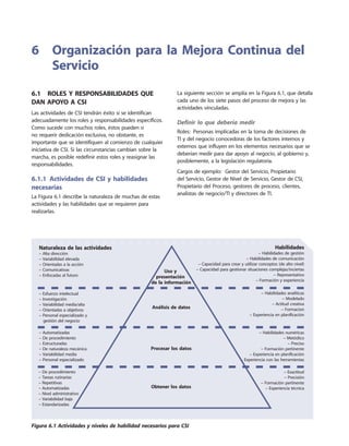 6.1  Roles y responsabilidades que
dan apoyo a CSI
Las actividades de CSI tendrán éxito si se identifican
adecuadamente los roles y responsabilidades específicos.
Como sucede con muchos roles, éstos pueden o
no requerir dedicación exclusiva, no obstante, es
importante que se identifiquen al comienzo de cualquier
iniciativa de CSI. Si las circunstancias cambian sobre la
marcha, es posible redefinir estos roles y reasignar las
responsabilidades.
6.1.1 Actividades de CSI y habilidades
necesarias
La Figura 6.1 describe la naturaleza de muchas de estas
actividades y las habilidades que se requieren para
realizarlas.
La siguiente sección se amplía en la Figura 6.1, que detalla
cada uno de los siete pasos del proceso de mejora y las
actividades vinculadas.
Definir lo que debería medir
Roles:	 Personas implicadas en la toma de decisiones de
TI y del negocio conocedoras de los factores internos y
externos que influyen en los elementos necesarios que se
deberían medir para dar apoyo al negocio, al gobierno y,
posiblemente, a la legislación regulatoria.
Cargos de ejemplo:	 Gestor del Servicio, Propietario
del Servicio, Gestor de Nivel de Servicio, Gestor de CSI,
Propietario del Proceso, gestores de proceso, clientes,
analistas de negocio/TI y directores de TI.
6	Organización para la Mejora Continua del
Servicio
Habilidades
– Habilidades de gestión
– Habilidades de comunicación
– Capacidad para crear y utilizar conceptos (de alto nivel)
– Capacidad para gestionar situaciones complejas/inciertas
– Representativo
– Formación y experiencia
Uso y
presentación
de la información
Análisis de datos
Procesar los datos
Obtener los datos
– Habilidades analíticas
– Modelado
– Actitud creativa
– Formacion
– Experiencia en planificación
– Habilidades numéricas
– Metódico
– Preciso
– Formación pertinente
– Experiencia en planificación
– Experiencia con las herramientas
– Exactitud
– Precisión
– Formación pertinente
– Experiencia técnica
Naturaleza de las actividades
– Alta dirección
– Variabilidad elevada
– Orientadas a la acción
– Comunicativas
– Enfocadas al futuro
– Esfuerzo intelectual
– Investigación
– Variabilidad media/alta
– Orientadas a objetivos
– Personal especializado y
gestión del negocio
– Automatizadas
– De procedimiento
– Estructuradas
– De naturaleza mecánica
– Variabilidad media
– Personal especializado
– De procedimiento
– Tareas rutinarias
– Repetitivas
– Automatizadas
– Nivel administrativo
– Variabilidad baja
– Estandarizadas
Figura 6.1 Actividades y niveles de habilidad necesarios para CSI
 
