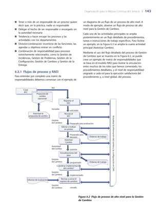 Organización para la Mejora Continua del Servicio 	| 	143
un diagrama de un flujo de un proceso de alto nivel. A
modo de ejemplo, observe un flujo de proceso de alto
nivel para la Gestión de Cambios.
Cada una de las actividades principales se amplía
posteriormente en un flujo detallado de procedimientos,
tareas e instrucciones de trabajo específicos. Para ilustrar
un ejemplo, en la Figura 6.3 se amplía la cuarta actividad
principal (Autorizar Cambio).
Mediante el uso del flujo detallado del proceso de Gestión
de Cambios que se muestra en la Figura 6.2, se puede
crear un ejemplo de matriz de responsabilidades que
se basa en el modelo RACI para ilustrar la vinculación
entre muchos de los roles que hemos comentado, los
procedimientos detallados, y el nivel de responsabilidad
asignado a cada rol para la ejecución satisfactoria del
procedimiento y, a nivel global, del proceso.
Tener a más de un responsable de un proceso quiere■■
decir que, en la práctica, nadie es responsable
Delegar el hecho de ser responsable o encargado sin■■
la autoridad necesaria
Tendencia a hacer encajar los procesos y las■■
actividades con los departamentos
División/combinación incorrecta de las funciones; las■■
agendas u objetivos entran en conflicto
Combinación de responsabilidad para procesos■■
estrechamente relacionados, como la Gestión de
Incidencias, Gestión de Problemas, Gestión de la
Configuración, Gestión de Cambios y Gestión de la
Entrega.
6.2.1  Flujos de proceso y RACI
Para entender por completo una matriz de
responsabilidades debemos comenzar con el ejemplo de
Crear
RFC
Propuesta de
cambio
(opcional)
Registrar el
RFC
Revisar el
RFC
Valorar y evaluar
el cambio
Autorizar
Cambio
Actualizaciones del
plan
Órdenes de trabajo
Rol
Iniciador
Gestión
de Cambios
Autoridad
del Cambio
Gestión
de Cambios
Preparado para evaluación
Preparado para
decisión
autoriza
ActualizarlainformacióndelcambioylaconfiguraciónenCMS
Órdenes de trabajo
Coordinar implementación
del cambio*
Revisar y cerrar el
registro de cambios
Gestión
de Cambios
Gestión
de Cambios
programado
implementado
cerrado
solicitado
Informe de evaluación
Autorizar la
propuesta de cambio
Figura 6.2  Flujo de proceso de alto nivel para la Gestión
de Cambios
 