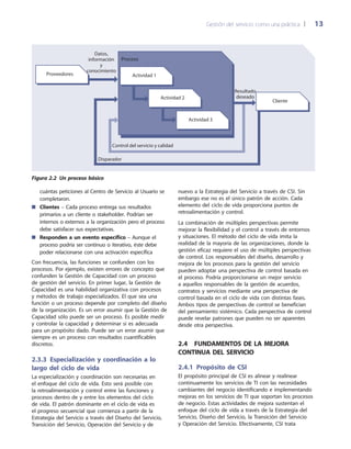 Gestión del servicio como una práctica 	| 	 13
Actividad 1
Datos,
información
y
conocimiento
Resultado
deseado
Control del servicio y calidad
Cliente
Proveedores
Actividad 2
Actividad 3
Proceso
Disparador
Figura 2.2  Un proceso básico
cuántas peticiones al Centro de Servicio al Usuario se
completaron.
Clientes■■ – Cada proceso entrega sus resultados
primarios a un cliente o stakeholder. Podrían ser
internos o externos a la organización pero el proceso
debe satisfacer sus expectativas.
Responden a un evento específico■■ – Aunque el
proceso podría ser continuo o iterativo, éste debe
poder relacionarse con una activación específica
Con frecuencia, las funciones se confunden con los
procesos. Por ejemplo, existen errores de concepto que
confunden la Gestión de Capacidad con un proceso
de gestión del servicio. En primer lugar, la Gestión de
Capacidad es una habilidad organizativa con procesos
y métodos de trabajo especializados. El que sea una
función o un proceso depende por completo del diseño
de la organización. Es un error asumir que la Gestión de
Capacidad sólo puede ser un proceso. Es posible medir
y controlar la capacidad y determinar si es adecuada
para un propósito dado. Puede ser un error asumir que
siempre es un proceso con resultados cuantificables
discretos.
2.3.3 Especialización y coordinación a lo
largo del ciclo de vida
La especialización y coordinación son necesarias en
el enfoque del ciclo de vida. Esto será posible con
la retroalimentación y control entre las funciones y
procesos dentro de y entre los elementos del ciclo
de vida. El patrón dominante en el ciclo de vida es
el progreso secuencial que comienza a partir de la
Estrategia del Servicio a través del Diseño del Servicio,
Transición del Servicio, Operación del Servicio y de
nuevo a la Estrategia del Servicio a través de CSI. Sin
embargo ese no es el único patrón de acción. Cada
elemento del ciclo de vida proporciona puntos de
retroalimentación y control.
La combinación de múltiples perspectivas permite
mejorar la flexibilidad y el control a través de entornos
y situaciones. El método del ciclo de vida imita la
realidad de la mayoría de las organizaciones, donde la
gestión eficaz requiere el uso de múltiples perspectivas
de control. Los responsables del diseño, desarrollo y
mejora de los procesos para la gestión del servicio
pueden adoptar una perspectiva de control basada en
el proceso. Podría proporcionarse un mejor servicio
a aquellos responsables de la gestión de acuerdos,
contratos y servicios mediante una perspectiva de
control basada en el ciclo de vida con distintas fases.
Ambos tipos de perspectivas de control se benefician
del pensamiento sistémico. Cada perspectiva de control
puede revelar patrones que pueden no ser aparentes
desde otra perspectiva.
2.4  Fundamentos de la Mejora
Continua del Servicio
2.4.1  Propósito de CSI
El propósito principal de CSI es alinear y realinear
continuamente los servicios de TI con las necesidades
cambiantes del negocio identificando e implementando
mejoras en los servicios de TI que soportan los procesos
de negocio. Estas actividades de mejora sustentan el
enfoque del ciclo de vida a través de la Estrategia del
Servicio, Diseño del Servicio, la Transición del Servicio
y Operación del Servicio. Efectivamente, CSI trata
 