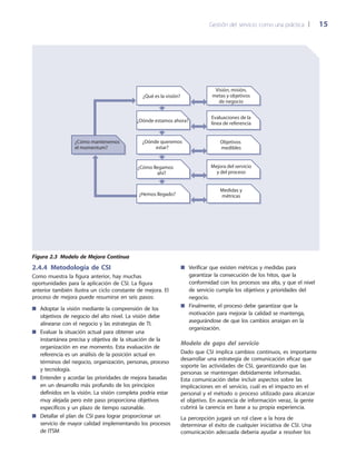 Gestión del servicio como una práctica 	| 	 15
2.4.4  Metodología de CSI
Como muestra la figura anterior, hay muchas
oportunidades para la aplicación de CSI. La figura
anterior también ilustra un ciclo constante de mejora. El
proceso de mejora puede resumirse en seis pasos:
Adoptar la visión mediante la comprensión de los■■
objetivos de negocio del alto nivel. La visión debe
alinearse con el negocio y las estrategias de TI.
Evaluar la situación actual para obtener una■■
instantánea precisa y objetiva de la situación de la
organización en ese momento. Esta evaluación de
referencia es un análisis de la posición actual en
términos del negocio, organización, personas, proceso
y tecnología.
Entender y acordar las prioridades de mejora basadas■■
en un desarrollo más profundo de los principios
definidos en la visión. La visión completa podría estar
muy alejada pero este paso proporciona objetivos
específicos y un plazo de tiempo razonable.
Detallar el plan de CSI para lograr proporcionar un■■
servicio de mayor calidad implementando los procesos
de ITSM
¿Qué es la visión?
¿Dónde queremos
estar?
¿Cómo llegamos
ahí?
¿Hemos llegado?
¿Dónde estamos ahora?
¿Cómo mantenemos
el momentum?
Mejora del servicio
y del proceso
Objetivos
medibles
Evaluaciones de la
línea de referencia
Medidas y
métricas
Visión, misión,
metas y objetivos
de negocio
Figura 2.3  Modelo de Mejora Continua
Verificar que existen métricas y medidas para■■
garantizar la consecución de los hitos, que la
conformidad con los procesos sea alta, y que el nivel
de servicio cumpla los objetivos y prioridades del
negocio.
Finalmente, el proceso debe garantizar que la■■
motivación para mejorar la calidad se mantenga,
asegurándose de que los cambios arraigan en la
organización.
Modelo de gaps del servicio
Dado que CSI implica cambios continuos, es importante
desarrollar una estrategia de comunicación eficaz que
soporte las actividades de CSI, garantizando que las
personas se mantengan debidamente informadas.
Esta comunicación debe incluir aspectos sobre las
implicaciones en el servicio, cuál es el impacto en el
personal y el método o proceso utilizado para alcanzar
el objetivo. En ausencia de información veraz, la gente
cubrirá la carencia en base a su propia experiencia.
La percepción jugará un rol clave a la hora de
determinar el éxito de cualquier iniciativa de CSI. Una
comunicación adecuada debería ayudar a resolver los
 