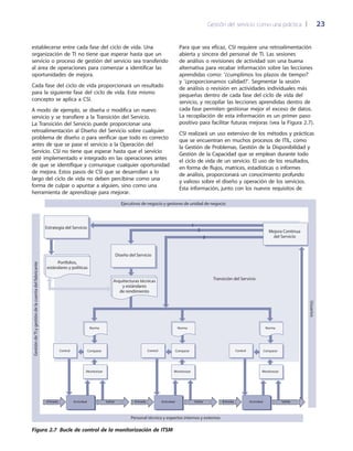 Gestión del servicio como una práctica 	| 	 23
Para que sea eficaz, CSI requiere una retroalimentación
abierta y sincera del personal de TI. Las sesiones
de análisis o revisiones de actividad son una buena
alternativa para recabar información sobre las lecciones
aprendidas como: ‘¿cumplimos los plazos de tiempo?’
y ‘¿proporcionamos calidad?’. Segmentar la sesión
de análisis o revisión en actividades individuales más
pequeñas dentro de cada fase del ciclo de vida del
servicio, y recopilar las lecciones aprendidas dentro de
cada fase permiten gestionar mejor el exceso de datos.
La recopilación de esta información es un primer paso
positivo para facilitar futuras mejoras (vea la Figura 2.7).
CSI realizará un uso extensivo de los métodos y prácticas
que se encuentran en muchos procesos de ITIL, como
la Gestión de Problemas, Gestión de la Disponibilidad y
Gestión de la Capacidad que se emplean durante todo
el ciclo de vida de un servicio. El uso de los resultados,
en forma de flujos, matrices, estadísticas o informes
de análisis, proporcionará un conocimiento profundo
y valioso sobre el diseño y operación de los servicios.
Esta información, junto con los nuevos requisitos de
establecerse entre cada fase del ciclo de vida. Una
organización de TI no tiene que esperar hasta que un
servicio o proceso de gestión del servicio sea transferido
al área de operaciones para comenzar a identificar las
oportunidades de mejora.
Cada fase del ciclo de vida proporcionará un resultado
para la siguiente fase del ciclo de vida. Este mismo
concepto se aplica a CSI.
A modo de ejemplo, se diseña o modifica un nuevo
servicio y se transfiere a la Transición del Servicio.
La Transición del Servicio puede proporcionar una
retroalimentación al Diseño del Servicio sobre cualquier
problema de diseño o para verificar que todo es correcto
antes de que se pase el servicio a la Operación del
Servicio. CSI no tiene que esperar hasta que el servicio
esté implementado e integrado en las operaciones antes
de que se identifique y comunique cualquier oportunidad
de mejora. Estos pasos de CSI que se desarrollan a lo
largo del ciclo de vida no deben percibirse como una
forma de culpar o apuntar a alguien, sino como una
herramienta de aprendizaje para mejorar.
Norma
Control
Entrada Actividad Salida
Comparar
Monitorizar
Norma
Control
Entrada Actividad Salida
Comparar
Monitorizar
Norma
Control
Entrada Actividad Salida
Comparar
Monitorizar
33
22
11Estrategia del Servicio
Portfolios,
estándares y políticas
Diseño del Servicio
Arquitecturas técnicas
y estándares
de rendimiento
GestióndeTIygestióndelacuentadelfabricante
Usuarios
Ejecutivos de negocio y gestores de unidad de negocio
Personal técnico y expertos internos y externos
Mejora Continua
del Servicio
Transición del Servicio
Figura 2.7  Bucle de control de la monitorización de ITSM
 