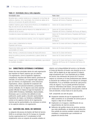 28	 |	 Principios de la Mejora Continua del Servicio
relación con la disponibilidad del servicio o las llamadas
al Centro de Atención al Usuario, esta situación ya no es
cierta. SLM ha dejado de ser algo opcional. El negocio
exige actualmente que TI sea impulsada por el modelo
de servicio. Esta orientación del servicio de TI hacia el
negocio se convierte en la base fundamental para obtener
la asociación de confianza que TI se esfuerza en conseguir.
Actualmente, TI es un facilitador esencial de cada proceso
crítico de negocio. TI ya no puede permitirse funcionar
como los ‘informáticos del sótano’, sino que debe luchar
por involucrarse en cada canal de comunicación y nivel de
toma de decisión, incluso hasta en la sala de juntas.
SLM comprende una serie de pasos:
Aceptación absoluta de que la organización de TI■■
debe convertirse en un proveedor de servicio para el
negocio o dejar de ser relevante
Implicación en el negocio e identificación de sus■■
requerimientos de nivel de servicio.
Definición del porfolio interno de servicios: servicios■■
que están planificados, en desarrollo, en producción.
Este porfolio de servicios también contiene servicios
modulares o componentes que constituirán un
paquete de servicios final.
3.4  Directrices externas e internas
Existen dos áreas principales dentro de cada organización
que impulsan la mejora: aspectos que son externos
a la organización, como la regulación, legislación,
competencia, requisitos del cliente externo, presiones del
mercado y la economía; y, en segundo lugar, aspectos
que son internos a la organización, como estructuras
organizativas, cultura, capacidad de aceptación del
cambio, niveles de personal existentes y proyectados,
normas sindicales, etc. En algunos casos estos aspectos
pueden dificultar la mejora en lugar de impulsarla. Un
análisis DAFO (Fortalezas, Debilidades, Oportunidades,
Amenazas), que se comenta más adelante en esta
publicación, puede ayudar a descubrir oportunidades
importantes de mejora. Las fortalezas y debilidades se
centran en los aspectos internos de la organización,
mientras que las oportunidades y las amenazas se centran
en los aspectos externos a la organización.
3.5  Gestión del Nivel de Servicio
La adopción del proceso de Gestión del Nivel de Servicio
(SLM) es un principio clave de CSI. Aunque en el pasado
muchas organizaciones de TI consideraban la SLM
simplemente como un conjunto de acuerdos aislados en
Tabla 3.1 Actividades clave y roles asignados
Actividades clave	 Roles clave
Recopilar datos y analizar tendencias en comparación con las líneas de	 Gestor de CSI, Gestor del Servicio,
referencia, objetivos, SLA y benchmarks. Esto incluiría las salidas de los	 Propietario del Servicio, Propietario del Proceso de TI
servicios y los procesos de gestión del servicio
Establecer objetivos para la mejora de la eficiencia y la rentabilidad a lo	 Gestor de CSI, Gestor del Servicio
largo de todo el ciclo de vida del servicio
Establecer los objetivos para las mejoras en la calidad del servicio y la	 Gestor de CSI, Gestor del Servicio,
utilización de los recursos	 Propietario del Servicio, Propietario del Proceso de Negocio
Considerar las nuevas necesidades de negocio y de seguridad 	 Gestor de CSI, Gestor del Servicio, Propietario del Proceso
	 de Negocio
Considerar las nuevas directrices externas, como los requisitos regulatorios	 Gestor de CSI, Gestor del Servicio, Propietario del Proceso
	 de Negocio
Crear un plan e implementar las mejoras	 Gestor de CSI, Gestor del Servicio, Propietario del Servicio,
Propietario del Proceso
Proporcionar medios para que los miembros de la plantilla recomienden	 Gestor de CSI, Gestor del Servicio
oportunidades de mejora
Medir, informar y comunicar las iniciativas de mejora del servicio	 Gestor de CSI, Gestor del Servicio
Revisar las políticas, procesos, procedimientos y planes donde sea	 Gestor de CSI, Gestor del Servicio
necesario
Asegurar que se completen todas las acciones aprobadas y que alcancen	 Gestor de CSI, Gestor del Servicio, Gestor de Negocio,
los resultados deseados	 Propietario del Proceso de TI, Propietario del Proceso de
	 Negocio
 