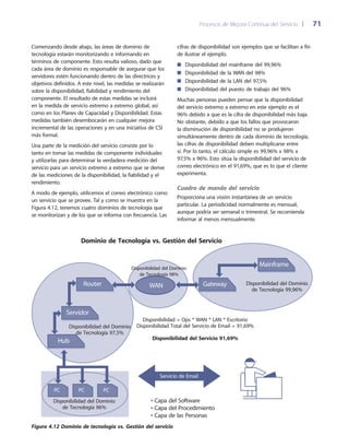Procesos de Mejora Continua del Servicio 	| 	 71
cifras de disponibilidad son ejemplos que se facilitan a fin
de ilustrar el ejemplo.
Disponibilidad del mainframe del 99,96%■■
Disponibilidad de la WAN del 98%■■
Disponibilidad de la LAN del 97,5%■■
Disponibilidad del puesto de trabajo del 96%■■
Muchas personas pueden pensar que la disponibilidad
del servicio extremo a extremo en este ejemplo es el
96% debido a que es la cifra de disponibilidad más baja.
No obstante, debido a que los fallos que provocaron
la disminución de disponibilidad no se produjeron
simultáneamente dentro de cada dominio de tecnología,
las cifras de disponibilidad deben multiplicarse entre
sí. Por lo tanto, el cálculo simple es 99,96% x 98% x
97,5% x 96%. Esto sitúa la disponibilidad del servicio de
correo electrónico en el 91,69%, que es lo que el cliente
experimenta.
Cuadro de mando del servicio
Proporciona una visión instantánea de un servicio
particular. La periodicidad normalmente es mensual,
aunque podría ser semanal o trimestral. Se recomienda
informar al menos mensualmente.
Comenzando desde abajo, las áreas de dominio de
tecnología estarán monitorizando e informando en
términos de componente. Esto resulta valioso, dado que
cada área de dominio es responsable de asegurar que los
servidores estén funcionando dentro de las directrices y
objetivos definidos. A este nivel, las medidas se realizarán
sobre la disponibilidad, fiabilidad y rendimiento del
componente. El resultado de estas medidas se incluirá
en la medida de servicio extremo a extremo global, así
como en los Planes de Capacidad y Disponibilidad. Estas
medidas también desembocarán en cualquier mejora
incremental de las operaciones y en una iniciativa de CSI
más formal.
Una parte de la medición del servicio consiste por lo
tanto en tomar las medidas de componente individuales
y utilizarlas para determinar la verdadera medición del
servicio para un servicio extremo a extremo que se derive
de las mediciones de la disponibilidad, la fiabilidad y el
rendimiento.
A modo de ejemplo, utilicemos el correo electrónico como
un servicio que se provee. Tal y como se muestra en la
Figura 4.12, tenemos cuatro dominios de tecnología que
se monitorizan y de los que se informa con frecuencia. Las
PC
Disponibilidad del Dominio
de Tecnología 96%
PC PC
Router
Servidor
Hub
Disponibilidad del Dominio
de Tecnología 97,5%
Gateway
Mainframe
Disponibilidad del Dominio
de Tecnología 99,96%
Disponibilidad del Dominio
de Tecnología 98%
WAN
Disponibilidad = Ops * WAN * LAN * Escritorio
Disponibilidad Total del Servicio de Email = 91,69%
Disponibilidad del Servicio 91,69%
Servicio de Email
• Capa del Software
• Capa del Procedimiento
• Capa de las Personas
Dominio de Tecnología vs. Gestión del Servicio
Figura 4.12 Dominio de tecnología vs. Gestión del servicio
 