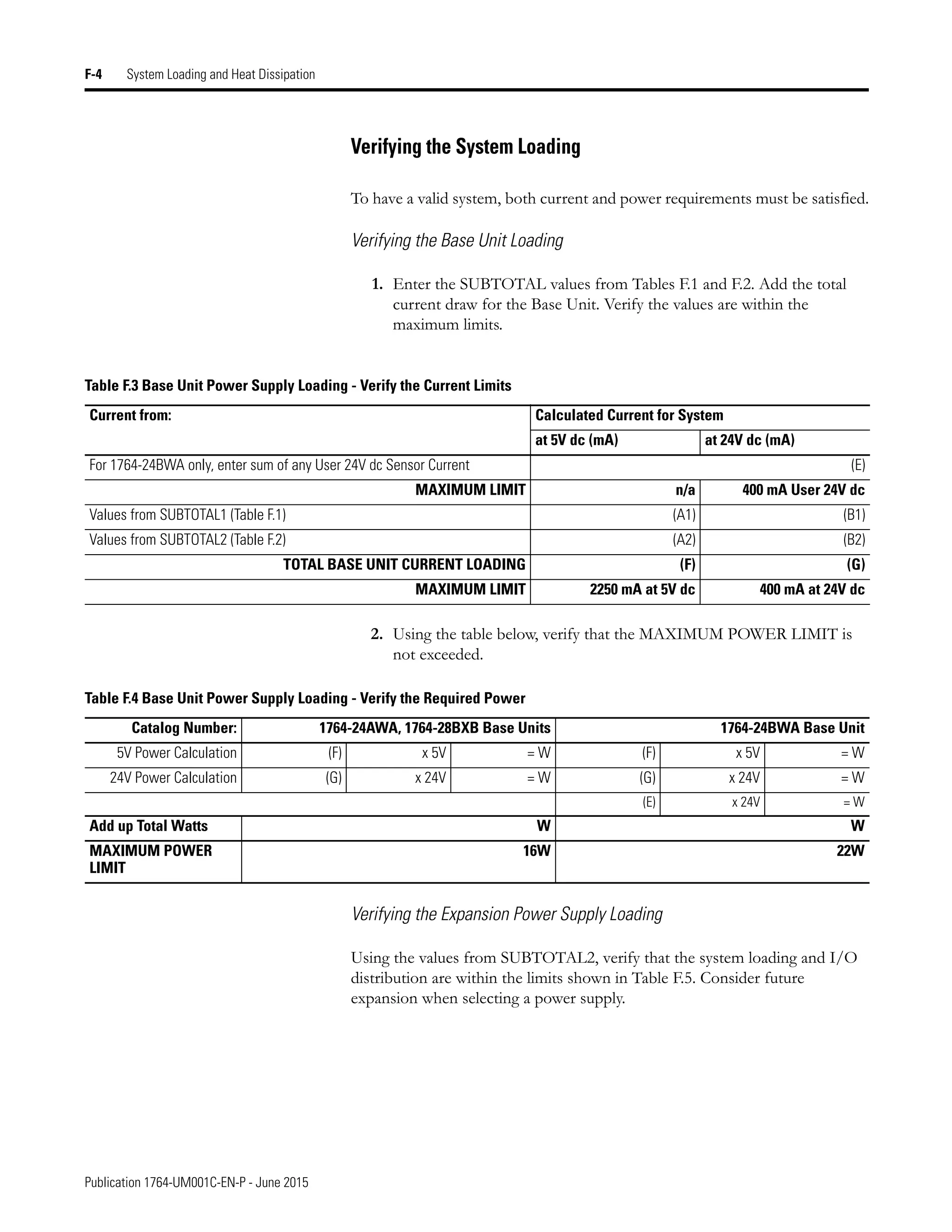 Publication 1764-UM001C-EN-P - June 2015
F-4 System Loading and Heat Dissipation
Verifying the System Loading
To have a valid system, both current and power requirements must be satisfied.
Verifying the Base Unit Loading
1. Enter the SUBTOTAL values from Tables F.1 and F.2. Add the total
current draw for the Base Unit. Verify the values are within the
maximum limits.
2. Using the table below, verify that the MAXIMUM POWER LIMIT is
not exceeded.
Verifying the Expansion Power Supply Loading
Using the values from SUBTOTAL2, verify that the system loading and I/O
distribution are within the limits shown in Table F.5. Consider future
expansion when selecting a power supply.
Table F.3 Base Unit Power Supply Loading - Verify the Current Limits
Current from: Calculated Current for System
at 5V dc (mA) at 24V dc (mA)
For 1764-24BWA only, enter sum of any User 24V dc Sensor Current (E)
MAXIMUM LIMIT n/a 400 mA User 24V dc
Values from SUBTOTAL1 (Table F.1) (A1) (B1)
Values from SUBTOTAL2 (Table F.2) (A2) (B2)
TOTAL BASE UNIT CURRENT LOADING (F) (G)
MAXIMUM LIMIT 2250 mA at 5V dc 400 mA at 24V dc
Table F.4 Base Unit Power Supply Loading - Verify the Required Power
Catalog Number: 1764-24AWA, 1764-28BXB Base Units 1764-24BWA Base Unit
5V Power Calculation (F) x 5V = W (F) x 5V = W
24V Power Calculation (G) x 24V = W (G) x 24V = W
(E) x 24V = W
Add up Total Watts W W
MAXIMUM POWER
LIMIT
16W 22W
 