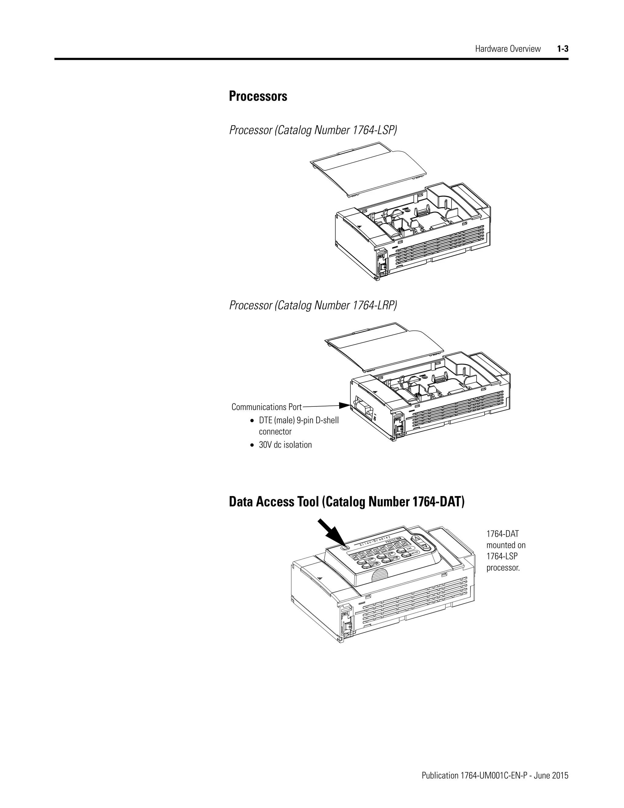 Publication 1764-UM001C-EN-P - June 2015
Hardware Overview 1-3
Processors
Processor (Catalog Number 1764-LSP)
Processor (Catalog Number 1764-LRP)
Data Access Tool (Catalog Number 1764-DAT)
Communications Port
• DTE (male) 9-pin D-shell
connector
• 30V dc isolation
1764-DAT
mounted on
1764-LSP
processor.
 