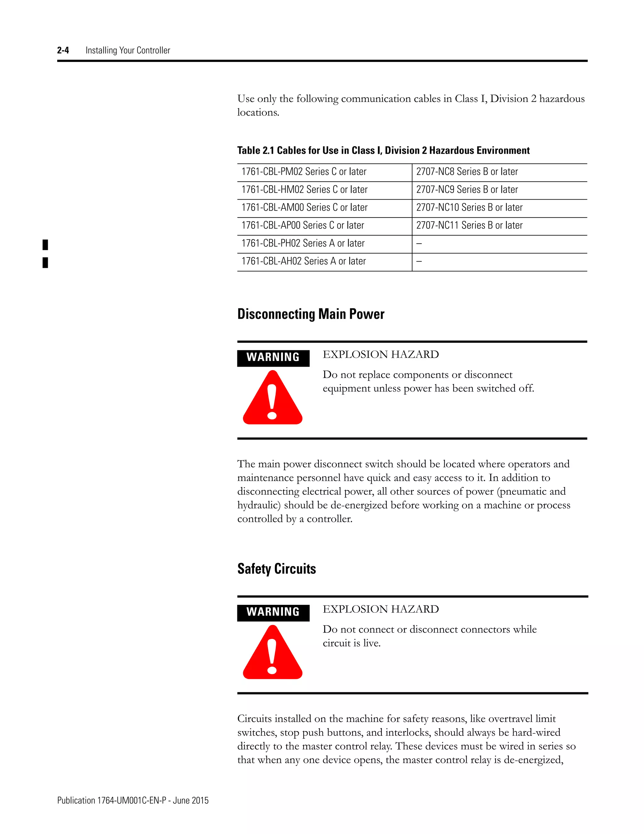 Publication 1764-UM001C-EN-P - June 2015
2-4 Installing Your Controller
Use only the following communication cables in Class I, Division 2 hazardous
locations.
Disconnecting Main Power
The main power disconnect switch should be located where operators and
maintenance personnel have quick and easy access to it. In addition to
disconnecting electrical power, all other sources of power (pneumatic and
hydraulic) should be de-energized before working on a machine or process
controlled by a controller.
Safety Circuits
Circuits installed on the machine for safety reasons, like overtravel limit
switches, stop push buttons, and interlocks, should always be hard-wired
directly to the master control relay. These devices must be wired in series so
that when any one device opens, the master control relay is de-energized,
Table 2.1 Cables for Use in Class I, Division 2 Hazardous Environment
1761-CBL-PM02 Series C or later 2707-NC8 Series B or later
1761-CBL-HM02 Series C or later 2707-NC9 Series B or later
1761-CBL-AM00 Series C or later 2707-NC10 Series B or later
1761-CBL-AP00 Series C or later 2707-NC11 Series B or later
1761-CBL-PH02 Series A or later –
1761-CBL-AH02 Series A or later –
WARNING
!
EXPLOSION HAZARD
Do not replace components or disconnect
equipment unless power has been switched off.
WARNING
!
EXPLOSION HAZARD
Do not connect or disconnect connectors while
circuit is live.
 
