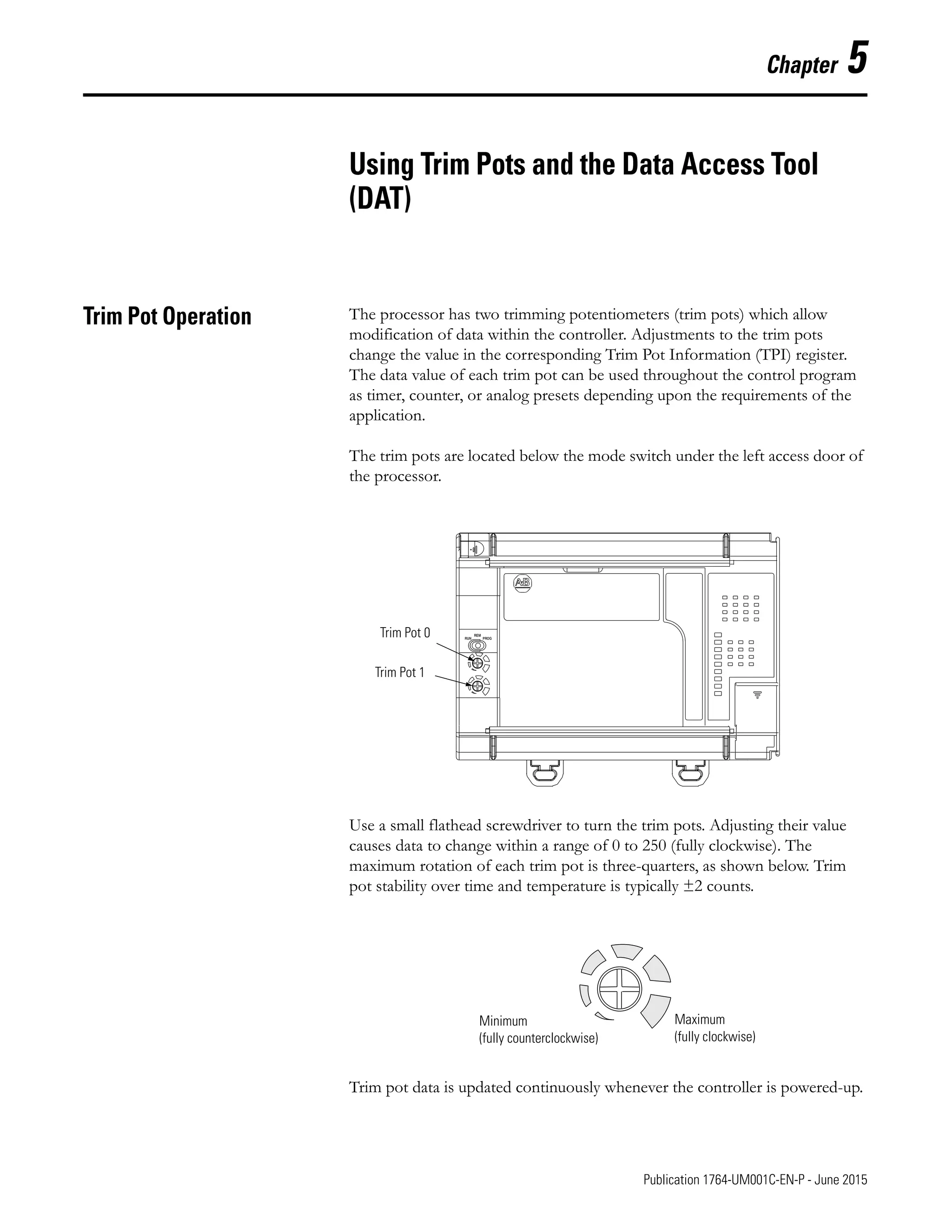 1 Publication 1764-UM001C-EN-P - June 2015
Chapter 5
Using Trim Pots and the Data Access Tool
(DAT)
Trim Pot Operation The processor has two trimming potentiometers (trim pots) which allow
modification of data within the controller. Adjustments to the trim pots
change the value in the corresponding Trim Pot Information (TPI) register.
The data value of each trim pot can be used throughout the control program
as timer, counter, or analog presets depending upon the requirements of the
application.
The trim pots are located below the mode switch under the left access door of
the processor.
Use a small flathead screwdriver to turn the trim pots. Adjusting their value
causes data to change within a range of 0 to 250 (fully clockwise). The
maximum rotation of each trim pot is three-quarters, as shown below. Trim
pot stability over time and temperature is typically ±2 counts.
Trim pot data is updated continuously whenever the controller is powered-up.
RUN PROG
REM
Trim Pot 0
Trim Pot 1
Maximum
(fully clockwise)
Minimum
(fully counterclockwise)
 