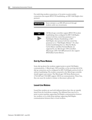 Publication 1764-UM001C-EN-P - June 2015
E-4 Understanding Communication Protocols
For multi-drop modem connections, or for point-to-point modem
connections that require RTS/CTS handshaking, use DF1 Half-Duplex slave
protocol.
Dial-Up Phone Modems
Some dial-up phone line modems support point-to-point Full-Duplex
communications. A MicroLogix 1500 controller, on the receiving end of the
dial-up connection, can be configured for DF1 Full-Duplex protocol with or
without handshaking. The modem connected to the MicroLogix controller
should support auto-answer. The MicroLogix 1500 Series B processors
(1764-LSP and 1764-LRP) support ASCII out communications. There fore,
they can cause the modem to initiate or disconnect a phone call.
Leased-Line Modems
Leased-line modems are used with dedicated phone lines that are typically
leased from the local phone company. The dedicated lines may be in a
point-to-point topology supporting Full-Duplex communications between
two modems or in a multi-drop topology supporting Half-Duplex
communications between three or more modems.
IMPORTANT Never attempt to use DH-485 protocol through
modems under any circumstance.
TIP All MicroLogix controllers support RTS/CTS modem
handshaking when configured for DF1 Full-Duplex
protocol with the control line parameter set to
Full-Duplex Modem Handshaking or DF1
Half-Duplex slave protocol with the control line
parameter set to “Half-Duplex Modem”. No other
modem handshaking lines (i.e. Data Set Ready,
Carrier Detect and Data Terminal Ready) are
supported by any MicroLogix 1500 controllers.
MicroLogix 1500 1764-LRP processors also support
DCD (Data Carrier Detect)
 