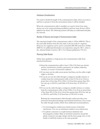 Publication 1764-UM001C-EN-P - June 2015
Understanding Communication Protocols E-9
Hardware Considerations
You need to decide the length of the communication cable, where you route it,
and how to protect it from the environment where it will be installed.
When the communication cable is installed, you need to know how many
devices are to be connected during installation and how many devices will be
added in the future. The following sections will help you understand and plan
the network.
Number of Devices and Length of Communication Cable
The maximum length of the communication cable is 1219m (4000 ft). This is
the total cable distance from the first node to the last node in a segment.
However, two segments can be used to extend the DH-485 network to 2438m
(8000 ft). for additional information on connections using the AIC+, refer to
the Advanced Interface Converter (AIC+) User Manual, publication 1761-6.4.
Planning Cable Routes
Follow these guidelines to help protect the communication cable from
electrical interference:
• Keep the communication cable at least 1.52m (5 ft) from any electric
motors, transformers, rectifiers, generators, arc welders, induction
furnaces, or sources of microwave radiation.
• If you must run the cable across power feed lines, run the cable at right
angles to the lines.
• If you do not run the cable through a contiguous metallic wireway or
conduit, keep the communication cable at least 0.15m (6 in.) from ac
power lines of less than 20A, 0.30m (1 ft) from lines greater than 20A,
but only up to 100 kVA, and 0.60m (2 ft) from lines of 100 kVA or
more.
• If you run the cable through a contiguous metallic wireway or conduit,
keep the communication cable at least 0.08m (3 in.) from ac power lines
of less than 20A, 0.15m (6 in.) from lines greater than 20A, but only up
to 100 kVA, and 0.30m (1 ft) from lines of 100 kVA or more.
Running the communication cable through conduit provides extra
protection from physical damage and electrical interference. If you route
the cable through conduit, follow these additional recommendations:
– Use ferromagnetic conduit near critical sources of electrical
interference. You can use aluminum conduit in non-critical areas.
– Use plastic connectors to couple between aluminum and
ferromagnetic conduit. Make an electrical connection around the
plastic connector (use pipe clamps and the heavy gauge wire or wire
braid) to hold both sections at the same potential.
 