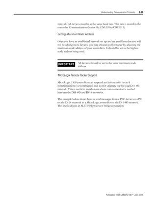 Publication 1764-UM001C-EN-P - June 2015
Understanding Communication Protocols E-11
network. All devices must be at the same baud rate. This rate is stored in the
controller Communications Status file (CS0:5/8 to CS0:5/15).
Setting Maximum Node Address
Once you have an established network set up and are confident that you will
not be adding more devices, you may enhance performance by adjusting the
maximum node address of your controllers. It should be set to the highest
node address being used.
MicroLogix Remote Packet Support
MicroLogix 1500 controllers can respond and initiate with device’s
communications (or commands) that do not originate on the local DH-485
network. This is useful in installations where communication is needed
between the DH-485 and DH+ networks.
The example below shows how to send messages from a PLC device or a PC
on the DH+ network to a MicroLogix controller on the DH-485 network.
This method uses an SLC 5/04 processor bridge connection.
IMPORTANT All devices should be set to the same maximum node
address.
 