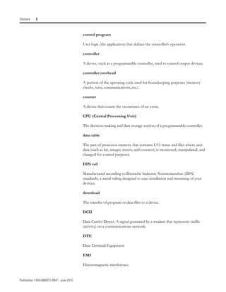 Publication 1764-UM001C-EN-P - June 2015
Glossary 2
control program
User logic (the application) that defines the controller’s operation.
controller
A device, such as a programmable controller, used to control output devices.
controller overhead
A portion of the operating cycle used for housekeeping purposes (memory
checks, tests, communications, etc.).
counter
A device that counts the occurrence of an event.
CPU (Central Processing Unit)
The decision-making and data storage section of a programmable controller.
data table
The part of processor memory that contains I/O status and files where user
data (such as bit, integer, timers, and counters) is monitored, manipulated, and
changed for control purposes.
DIN rail
Manufactured according to Deutsche Industrie Normenausshus (DIN)
standards, a metal railing designed to ease installation and mounting of your
devices.
download
The transfer of program or data files to a device.
DCD
Data Carrier Detect. A signal generated by a modem that represents traffic
(activity) on a communications network.
DTE
Data Terminal Equipment
EMI
Electromagnetic interference.
 