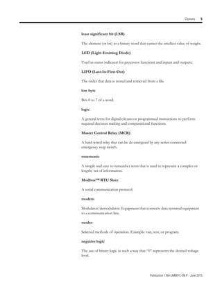 Publication 1764-UM001C-EN-P - June 2015
Glossary 5
least significant bit (LSB)
The element (or bit) in a binary word that carries the smallest value of weight.
LED (Light Emitting Diode)
Used as status indicator for processor functions and inputs and outputs.
LIFO (Last-In-First-Out)
The order that data is stored and retrieved from a file.
low byte
Bits 0 to 7 of a word.
logic
A general term for digital circuits or programmed instructions to perform
required decision making and computational functions.
Master Control Relay (MCR)
A hard-wired relay that can be de-energized by any series-connected
emergency stop switch.
mnemonic
A simple and easy to remember term that is used to represent a complex or
lengthy set of information.
Modbus™ RTU Slave
A serial communication protocol.
modem
Modulator/demodulator. Equipment that connects data terminal equipment
to a communication line.
modes
Selected methods of operation. Example: run, test, or program.
negative logic
The use of binary logic in such a way that “0” represents the desired voltage
level.
 